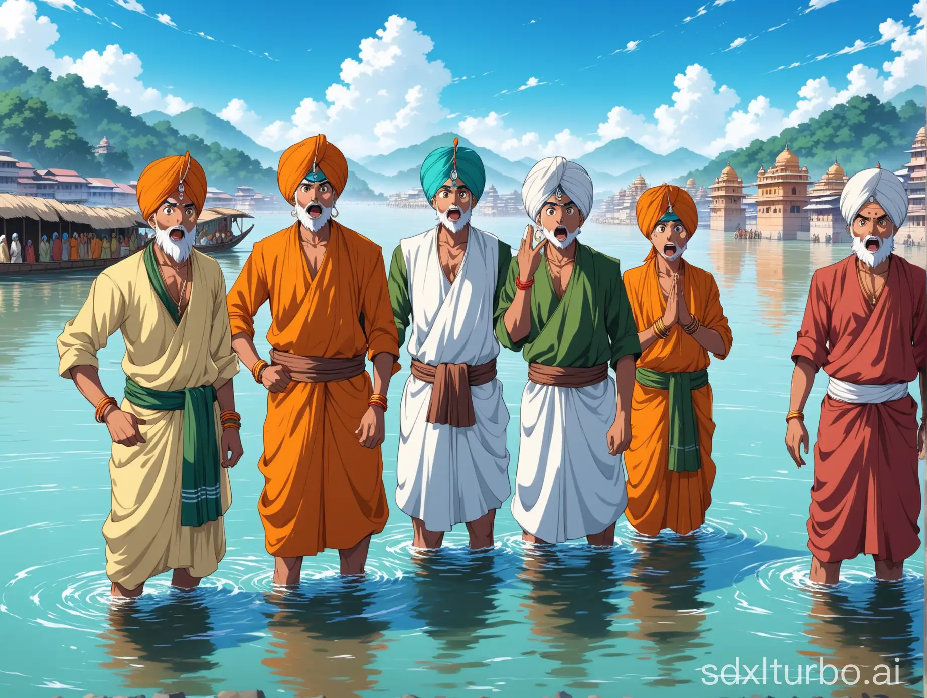 Anime style, multiple Indians in turbans standing on the water of the Ganges River, very surprised, looking at the camera, HD, 4K