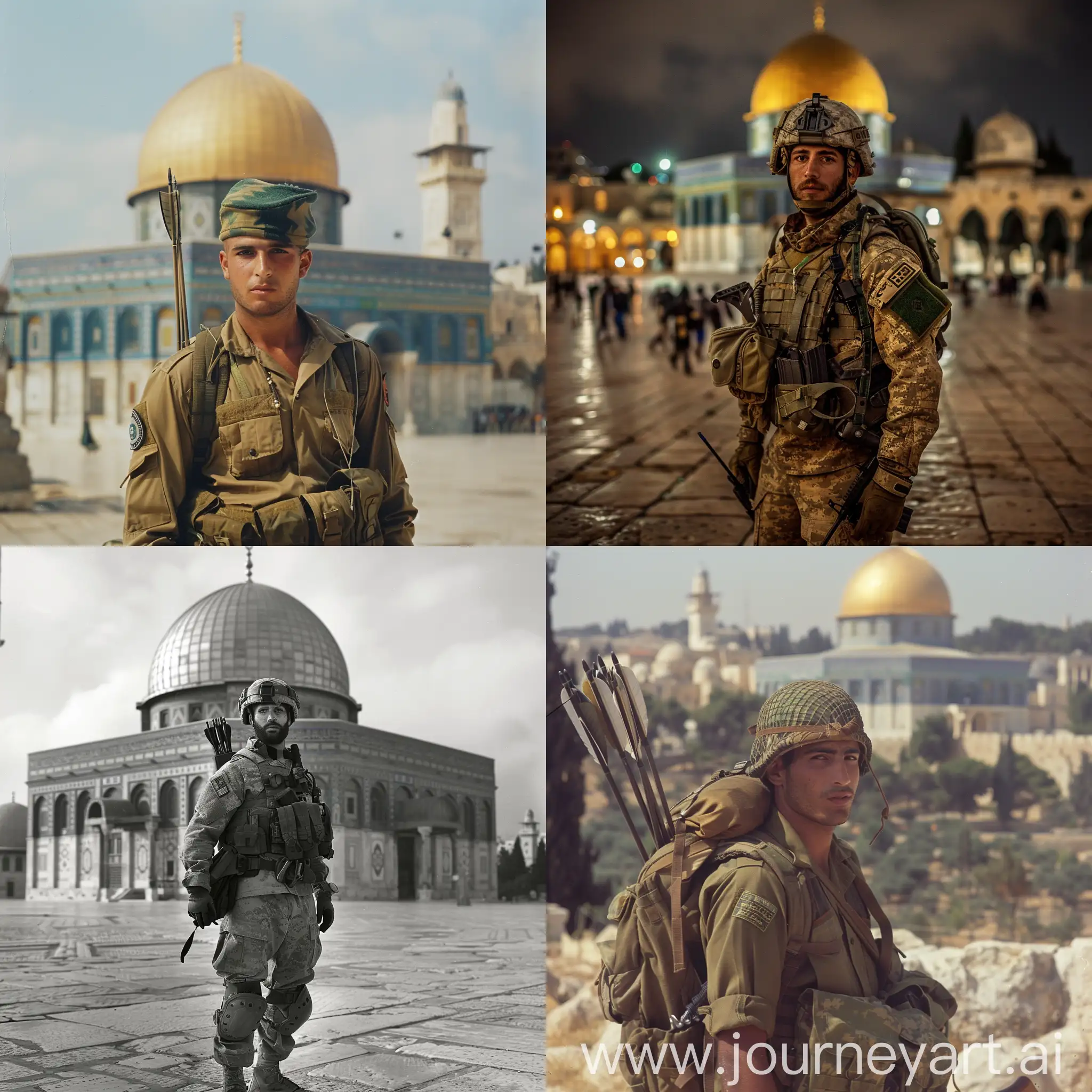 A soldier wearing a military uniform and quiver, standing in the middle, with the Dome of the Rock Mosque behind him in Palestine.