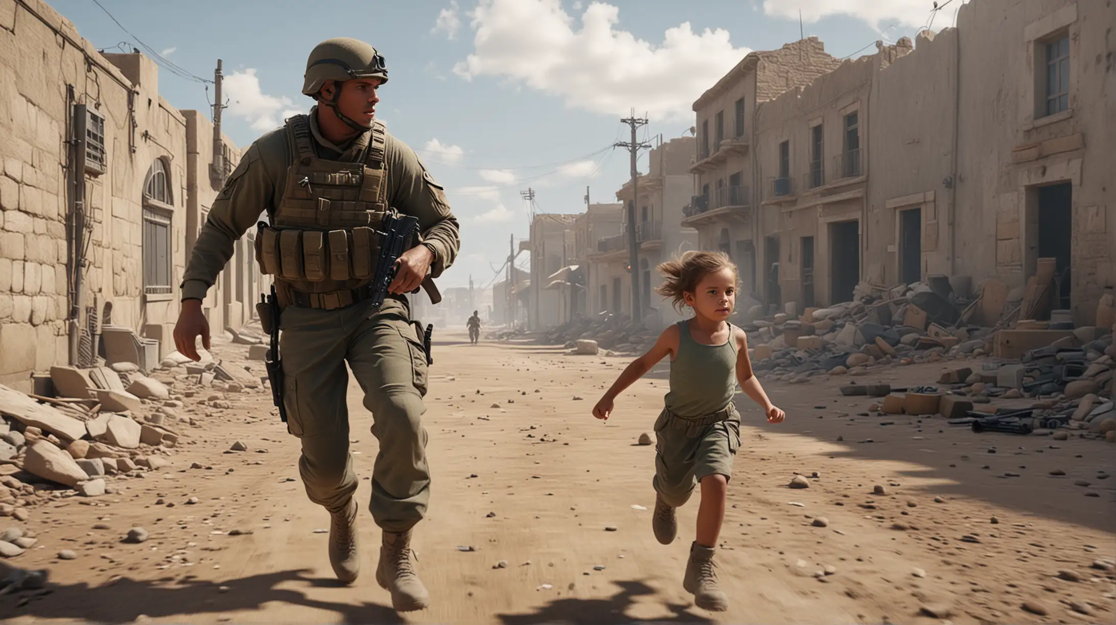 Generate a 4K hyperrealistic image of a soldier in a first person pov,  running with a little girl in his hand whilst being shot at.
