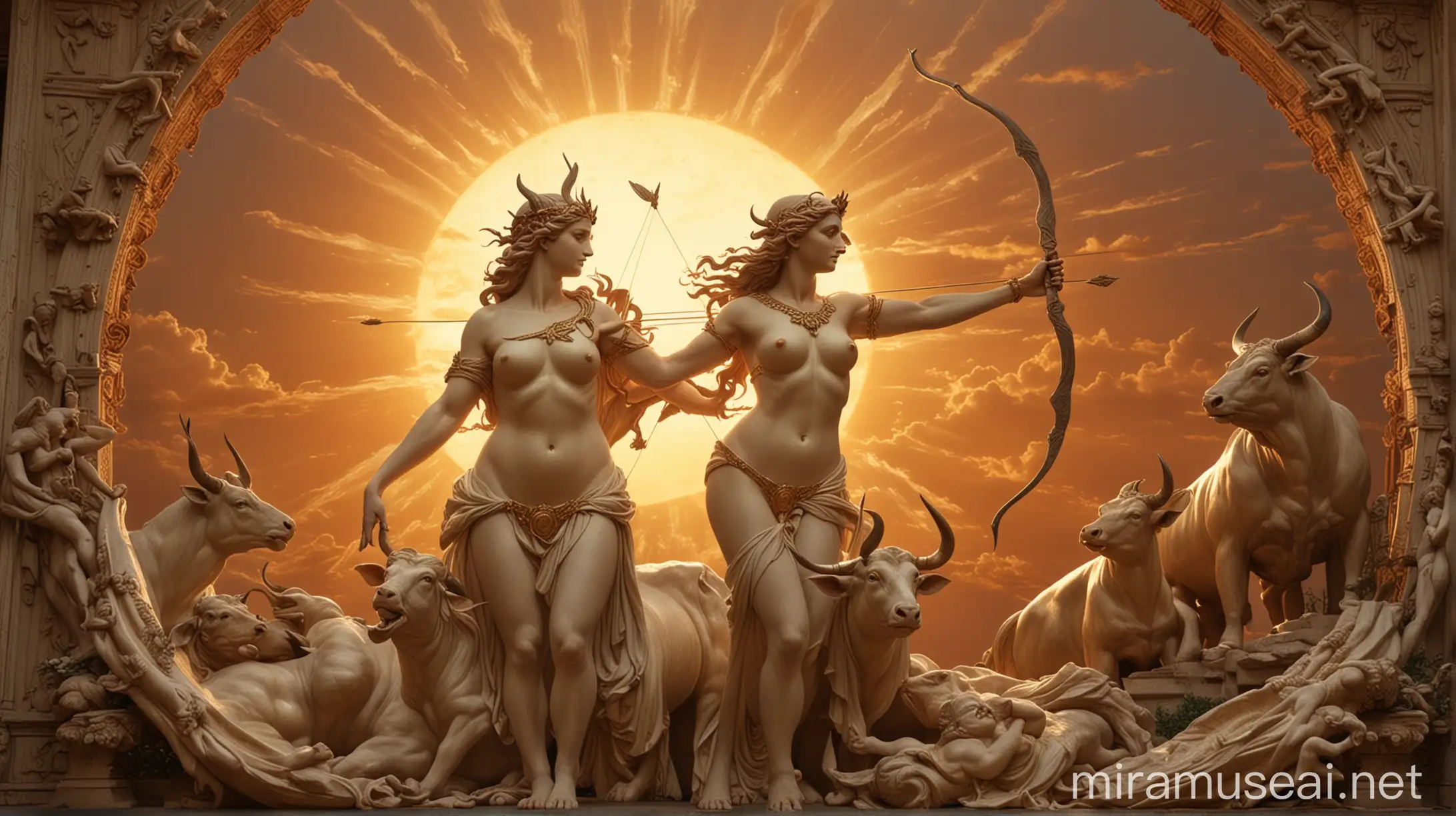 A huge bull in the center with the radiant Sun behind him. On the left side of the Sun, the goddess Aphrodite, sensualizing with her curves and full breasts and with a melancholic expression. To the right side of the Sun, the goddess Artemis with a wrathful expression, bow and arrows. The setting is enriched by antique-style details and golden tones.n