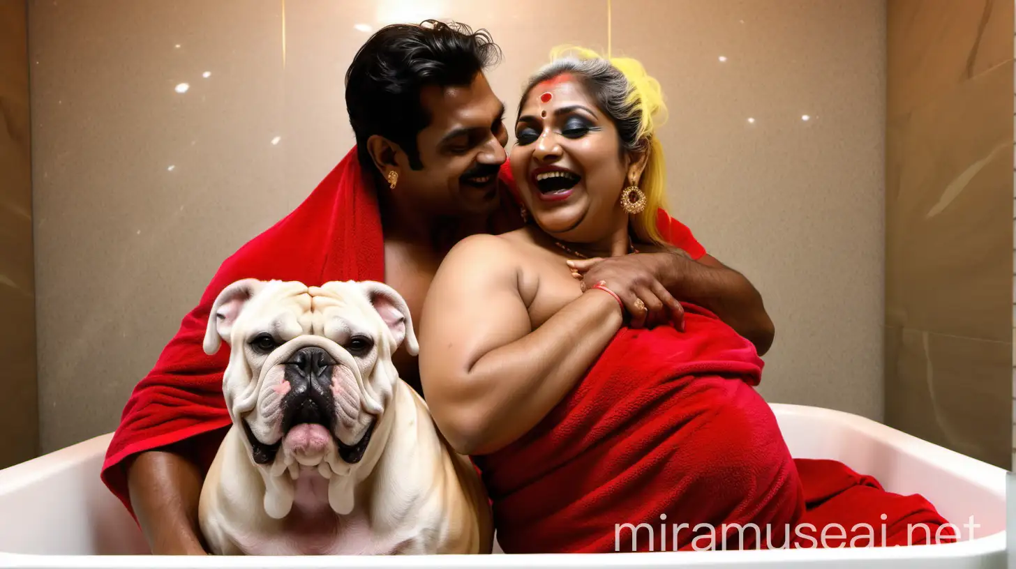 at night a 23 years indian muscular bodybuilder man is hugging  a 43 years  indian beautiful mature fat 
 pregnant woman  with high volume hair and makeup wearing earrings and gold ornaments   with bleached hair    . both are wearing wet neon red color  bath towel and  they are sitting in a luxurious bathroom  in a luxurious royal bath tub full with foam ,and are happy and laughing . and Bulldog Dog breed is near them.  . a lot of green mangoes  are on plate on a glass table ,  and a lots of lights are there. 