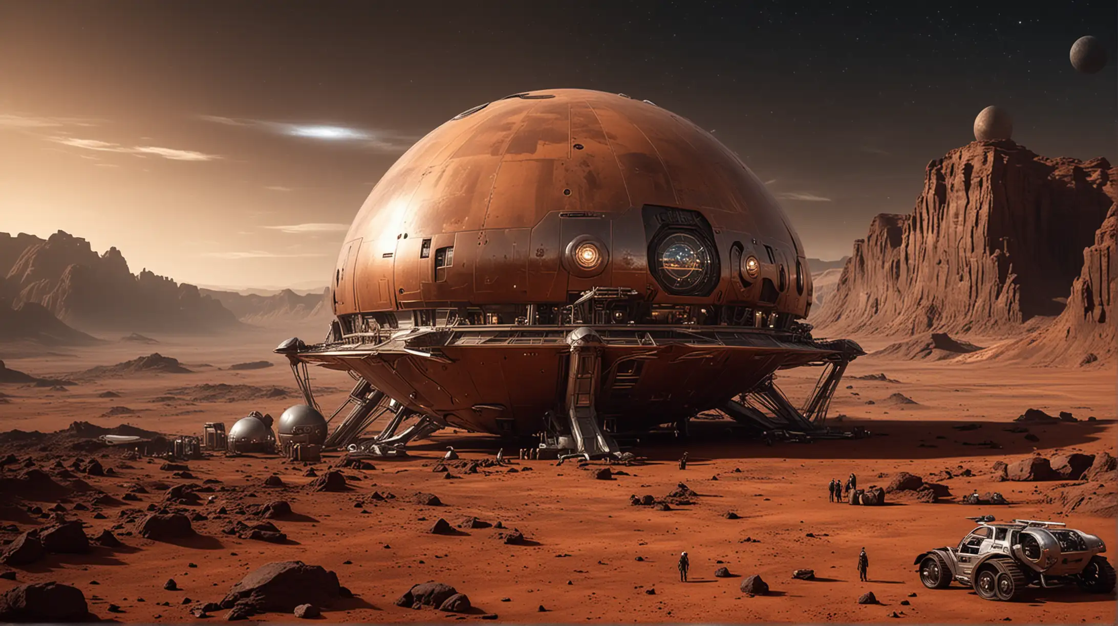 Dark Alien Spherical Ship Lands Near Human Steampunk Colony on Mars