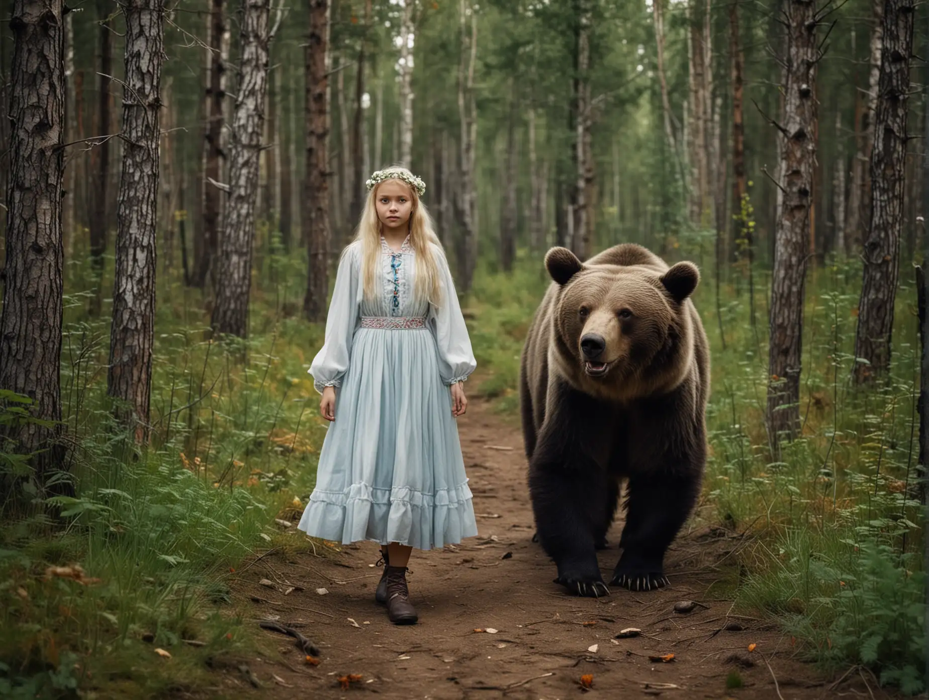 славянская девушка гуляет с медведем по лесу, сказка