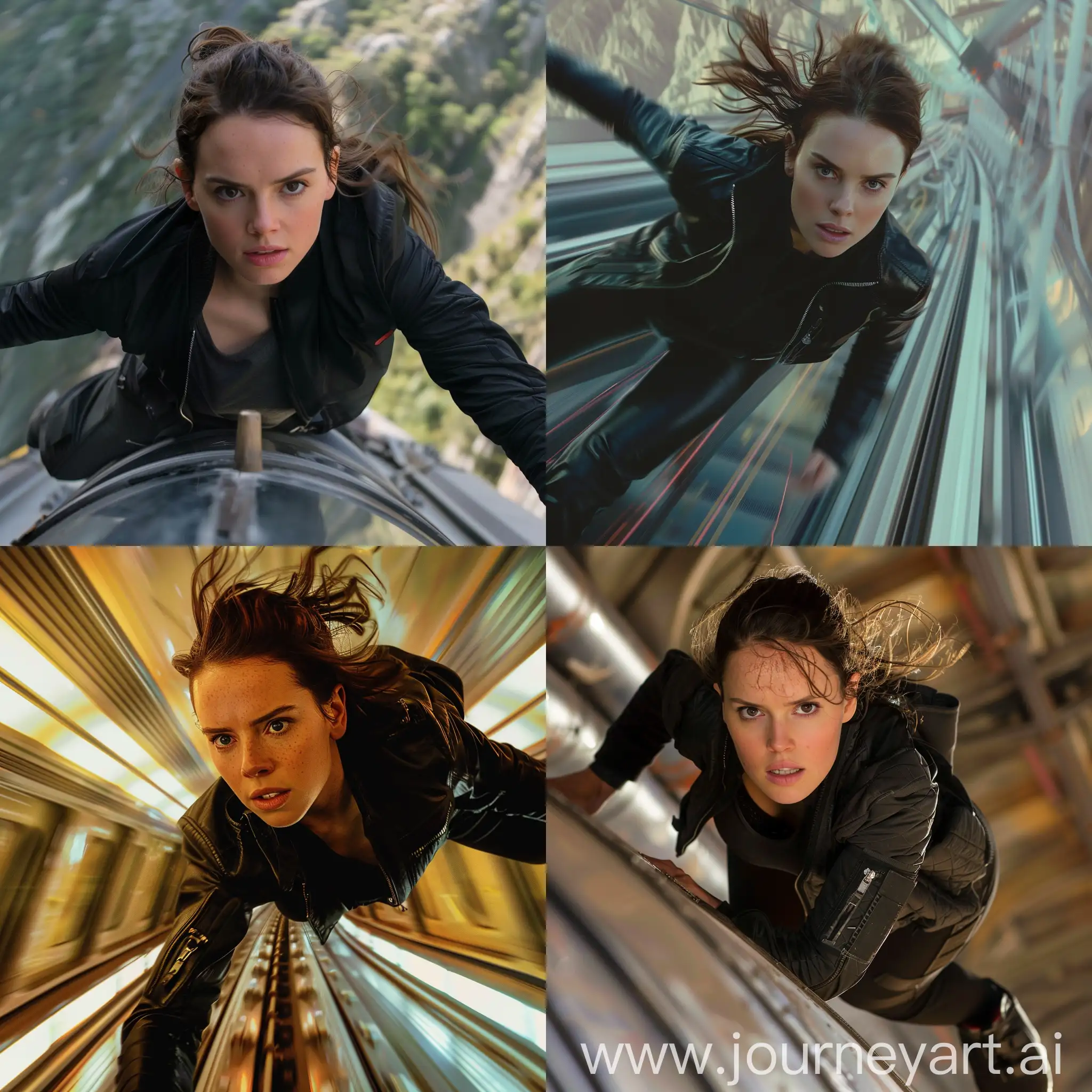 actress Daisy Ridley With Black jacket in The Movie Mission Impossible. She in on a top of a speeding Train,in a dangerous scene, 8k resolution