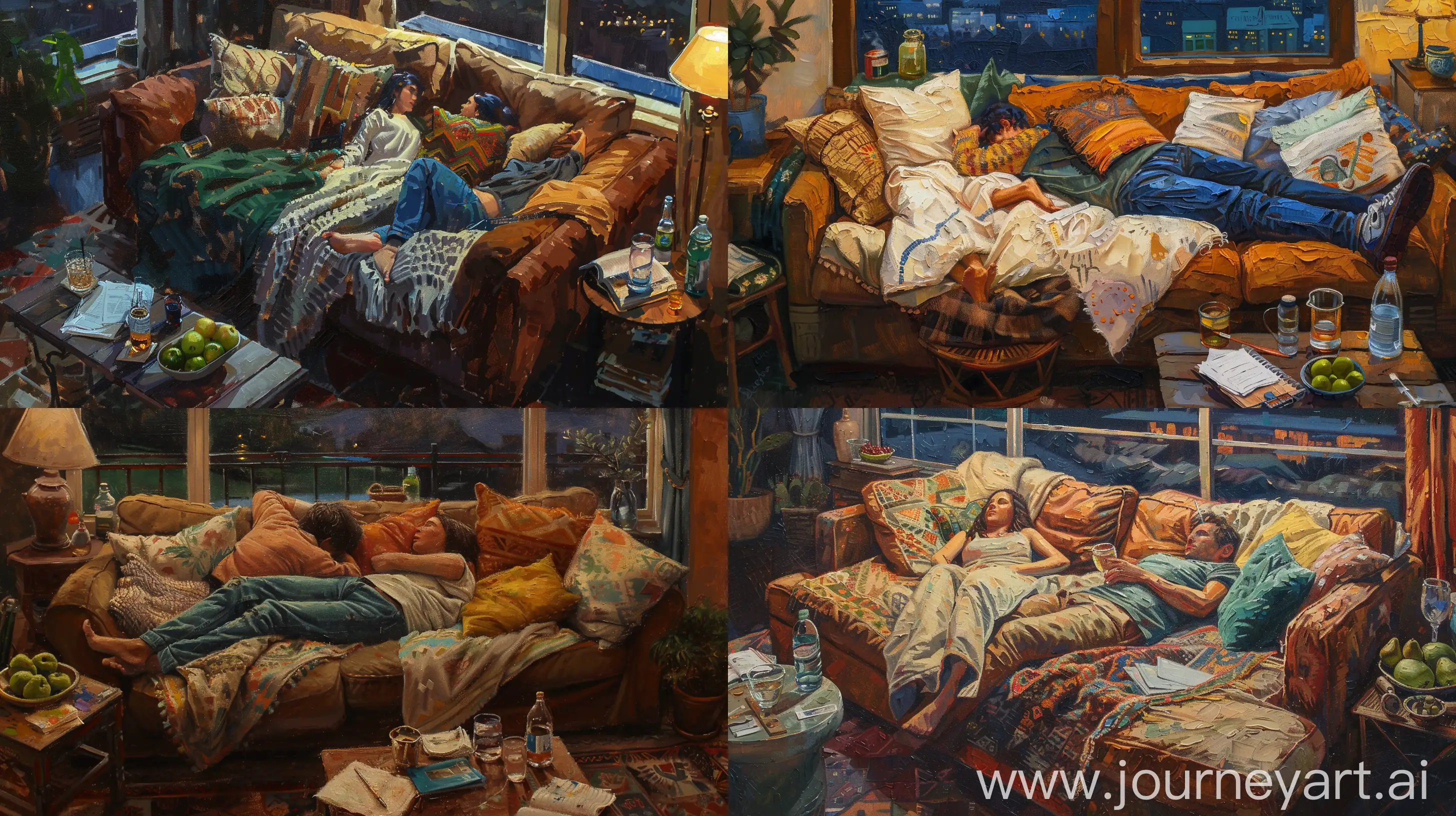 Cozy-Nighttime-Relaxation-Two-Persons-Lying-on-Couch-in-Textured-Oil-Painting