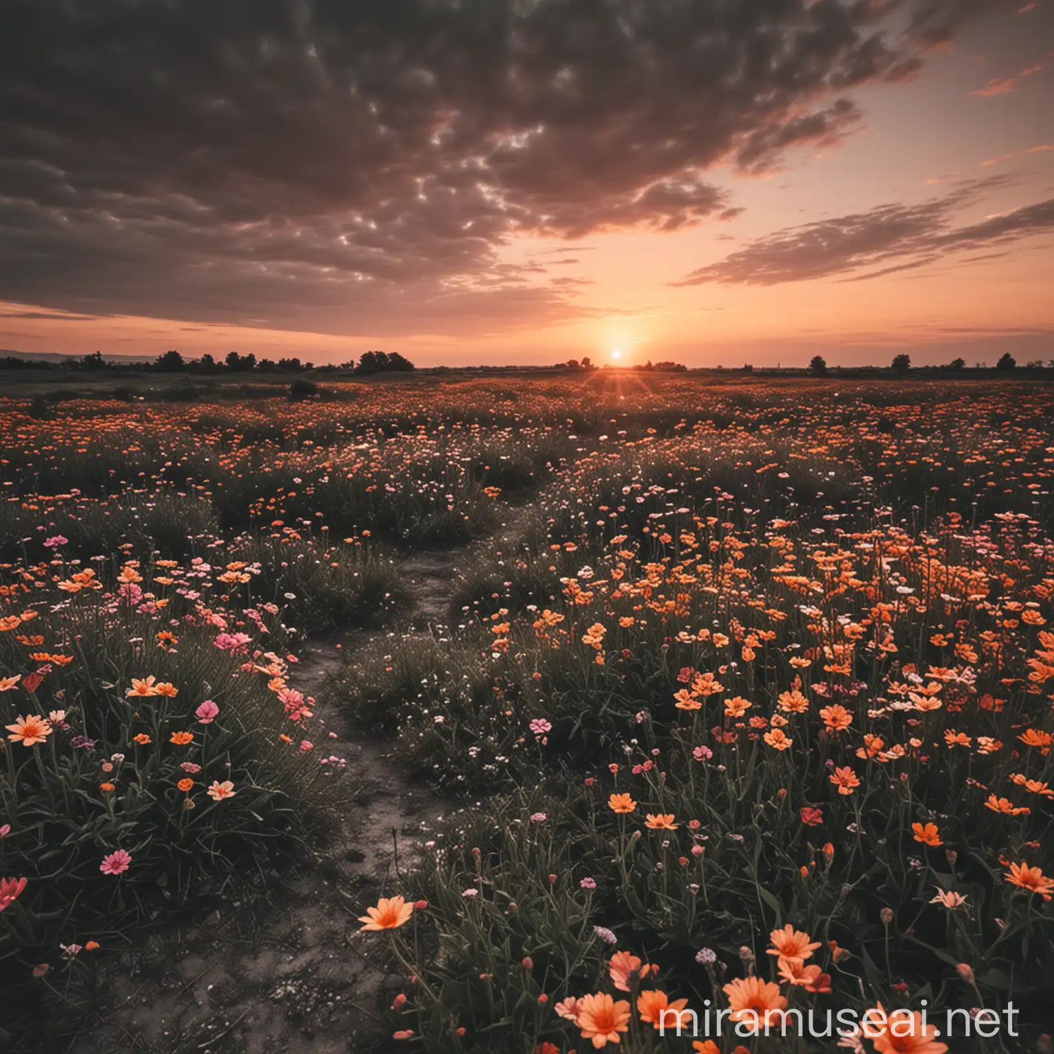 land of flowers, sunset, half color half desaturated