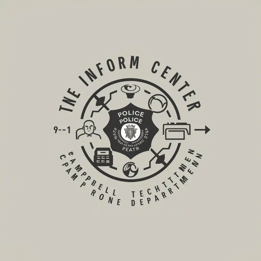 a logo design,with the text "INFORM Center - Campbell Police Department", main symbol:create a circular logo should be in line with the style of our drone program's logo. Specifically, the logo should incorporate: - A police badge - Technology icons/graphics - 9-1-1 dispatcher icon/graphics,Moderate,clear background