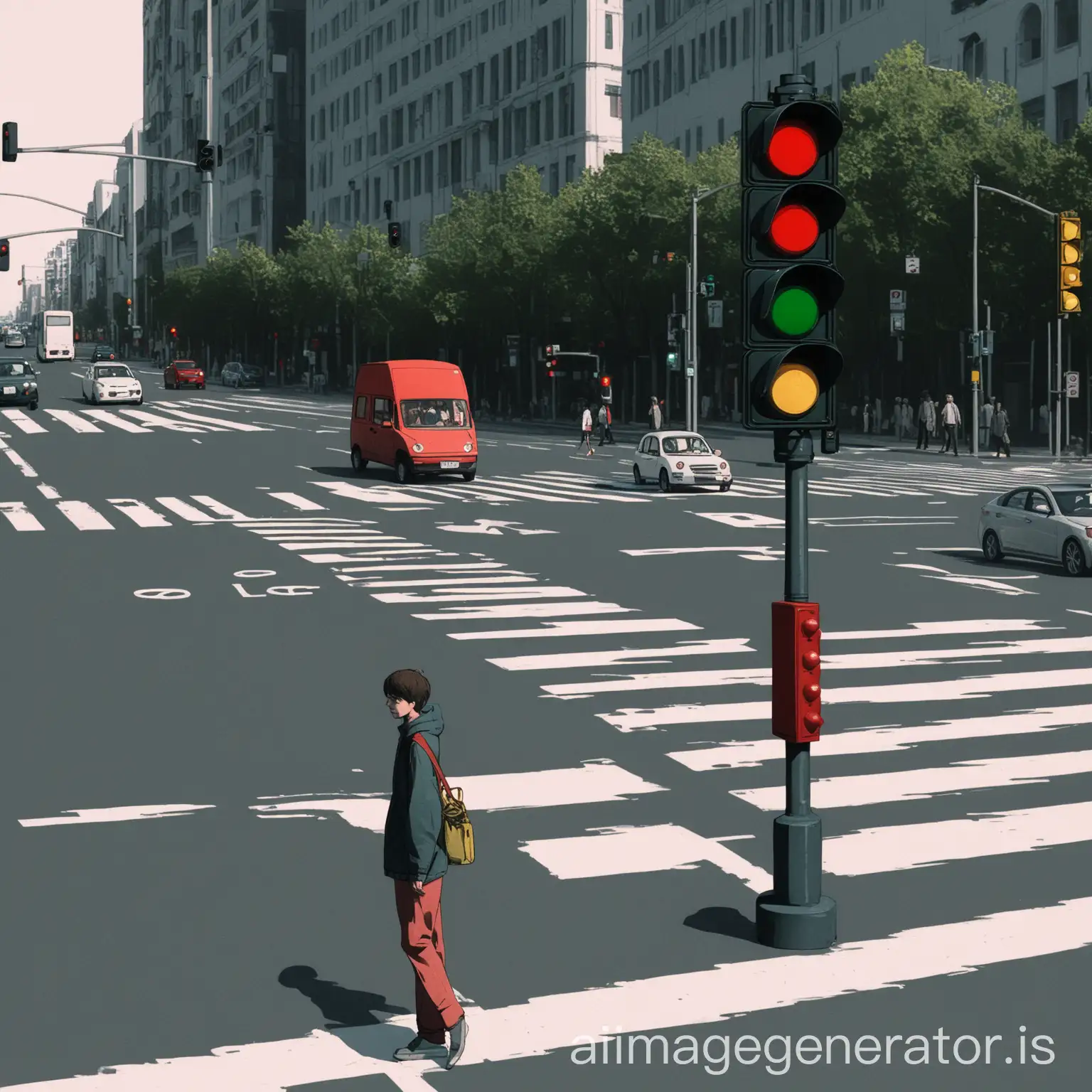 a pedestrian standing on the curb, the pedestrian traffic light is red. There are some cars on the straight road.