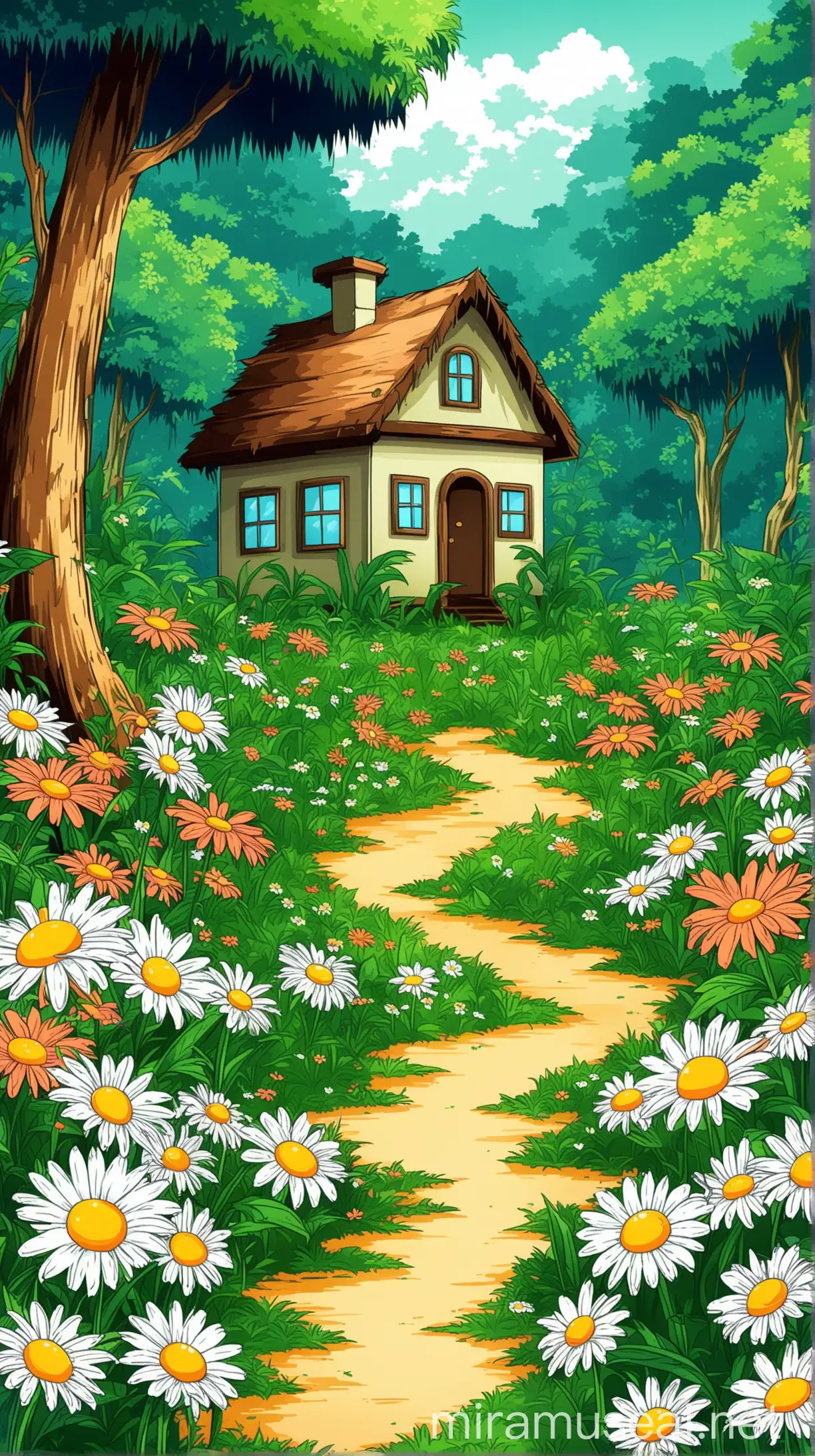  small alone cute house mid of jungle around by nature , daisy flower garden, anime style vector wallpaper