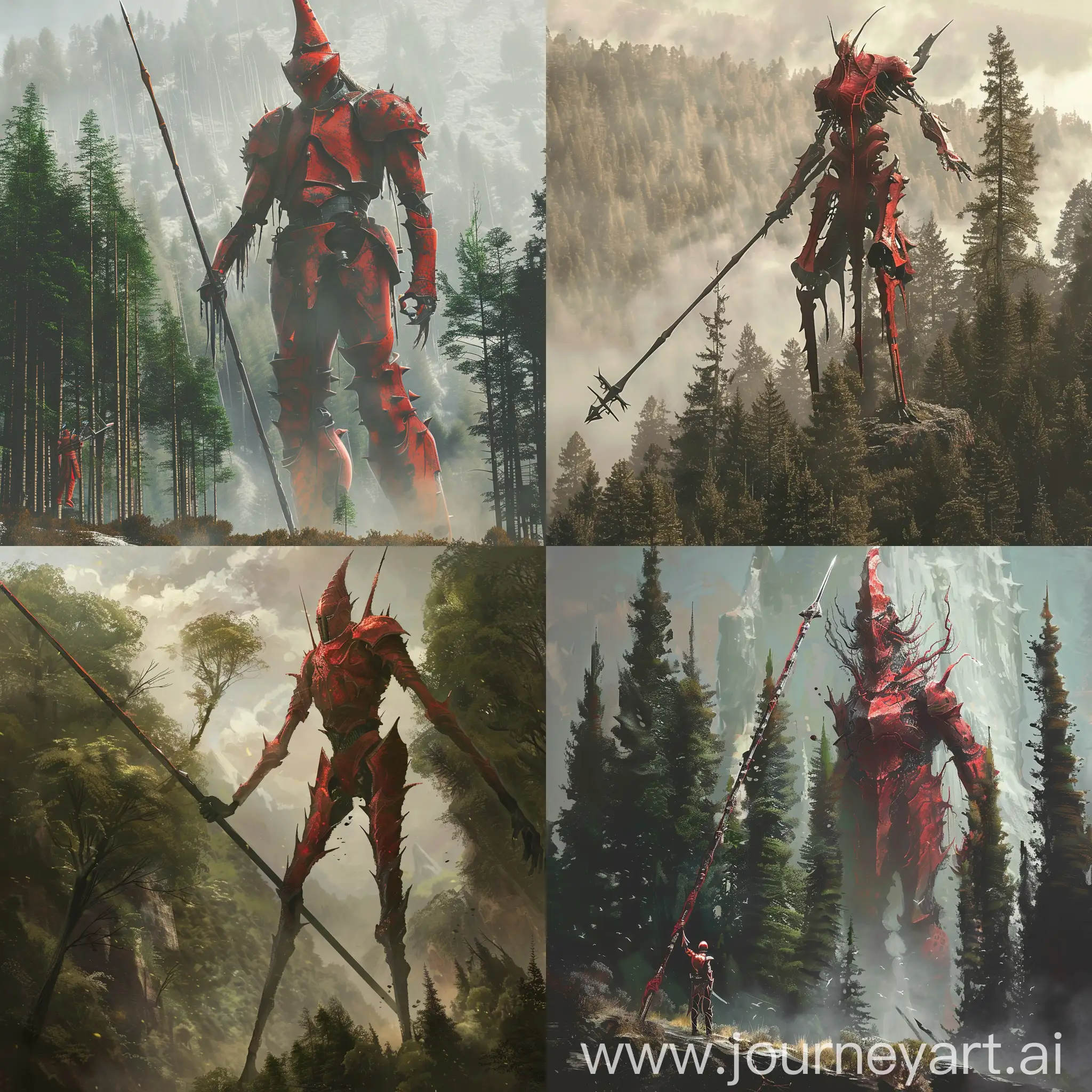фентези высокое 6 метровое существо похожее на рыцаря в красных доспехах и длинным копьем на фоне деревьев которые меньше чем он