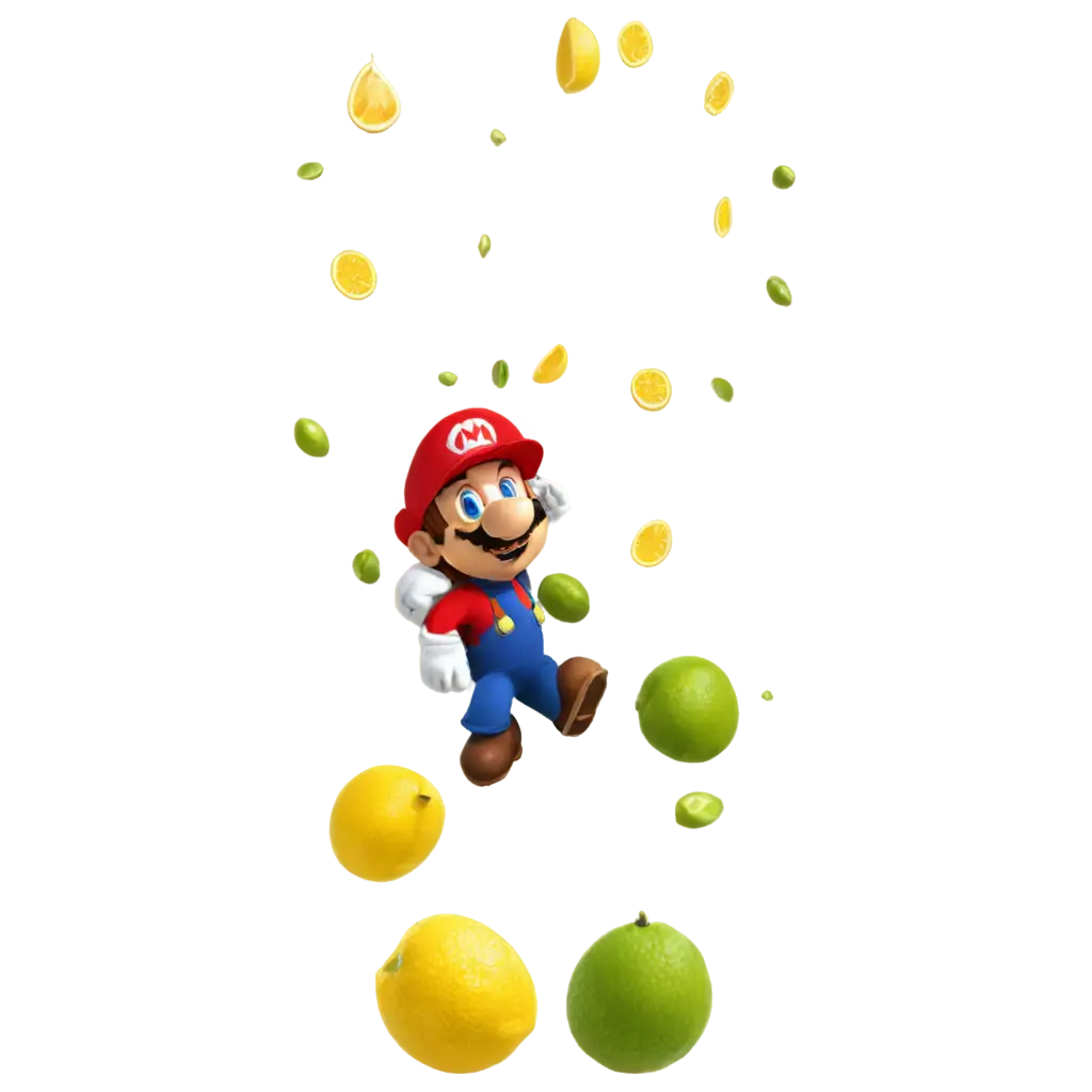 mario, lemons and fruit failing from the sky