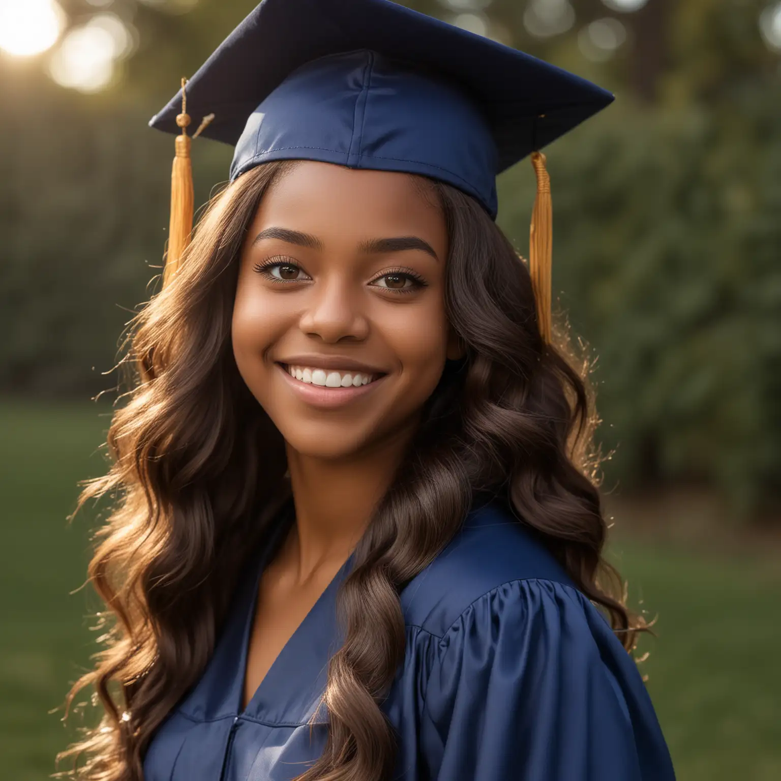 A photo session featuring an 18-year-old black female with a radiant smile, sporting long, golden-brown, loose, body wave hairstyle and hazel eyes. She has a dark skin complexion and is celebrating her high school graduation. She's dressed in a dark blue graduation cap and gown, posing outdoors under natural lighting from various front angles.