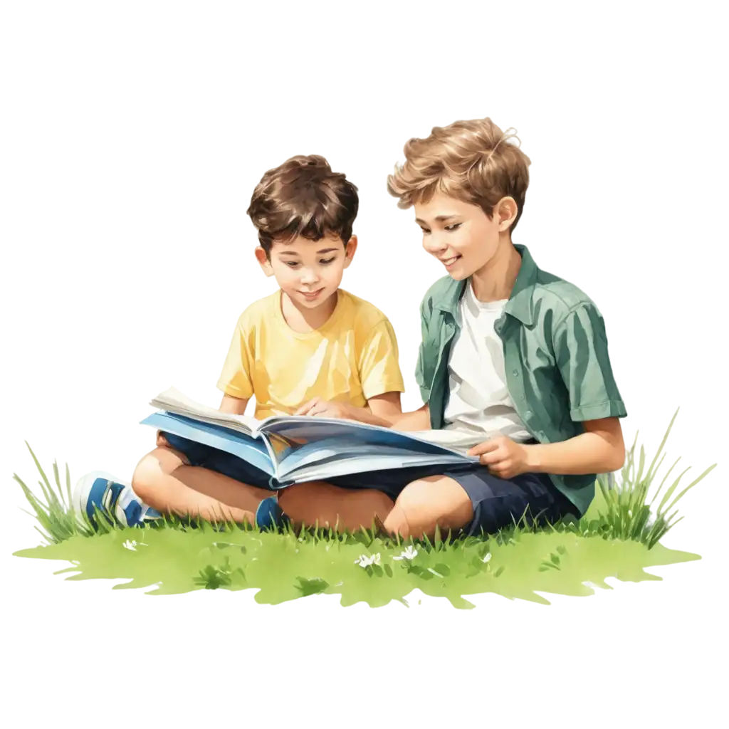 Boys reading book sitting on grass illustrated 