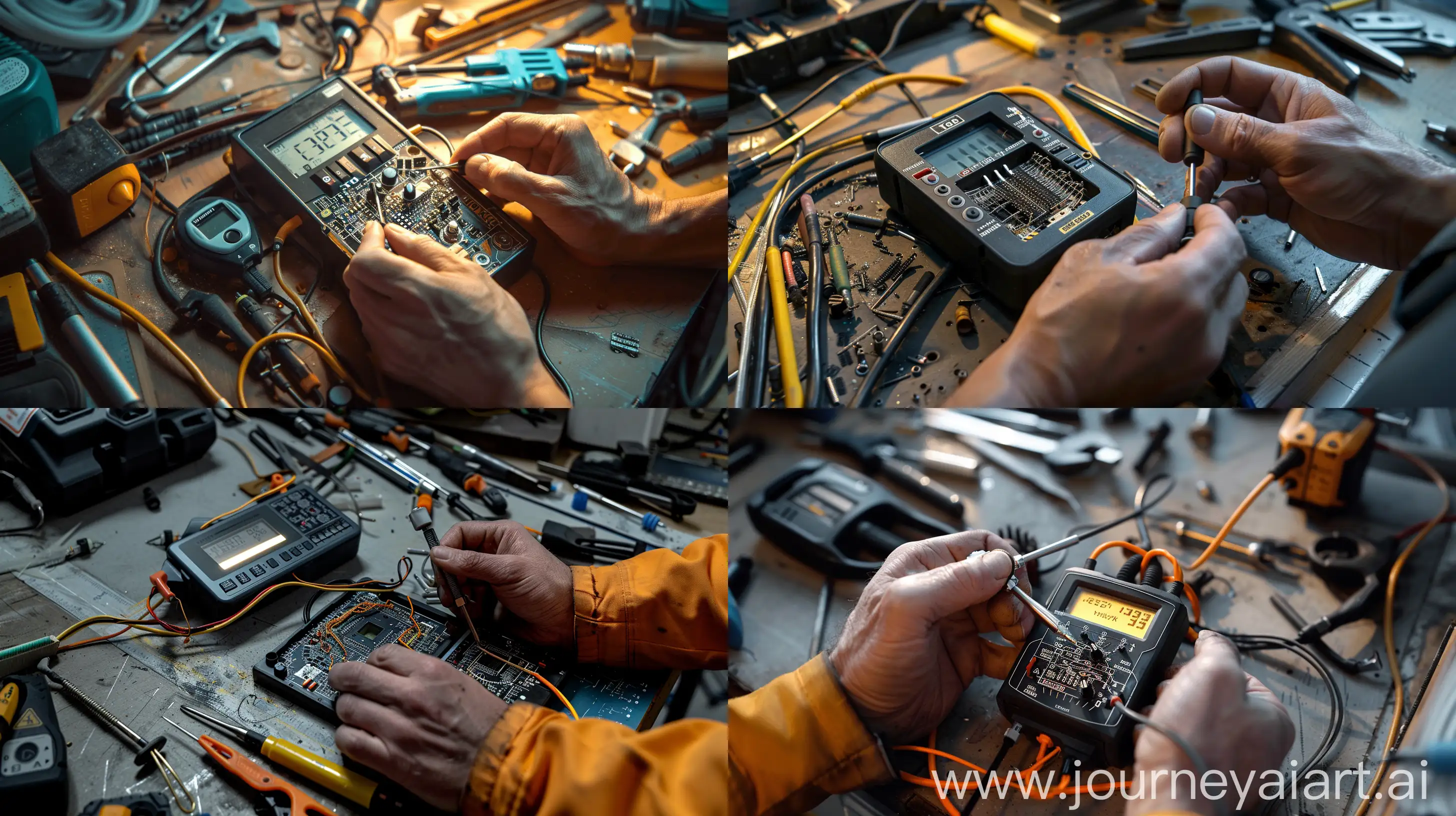 A detailed photograph depicts the process of testing a heating element (тэн) using a multimeter. A technician's hands are shown holding the multimeter probes while examining the components of the heating element. The scene is set on a workbench, with tools and equipment scattered around, indicating a workshop environment. The multimeter's display screen is visible, showcasing the readings obtained during the test. Lighting is focused on the technician's hands and the heating element, ensuring clear visibility of the testing process. The composition highlights the precision and attention to detail required for testing the heating element accurately.  --ar 16:9 
