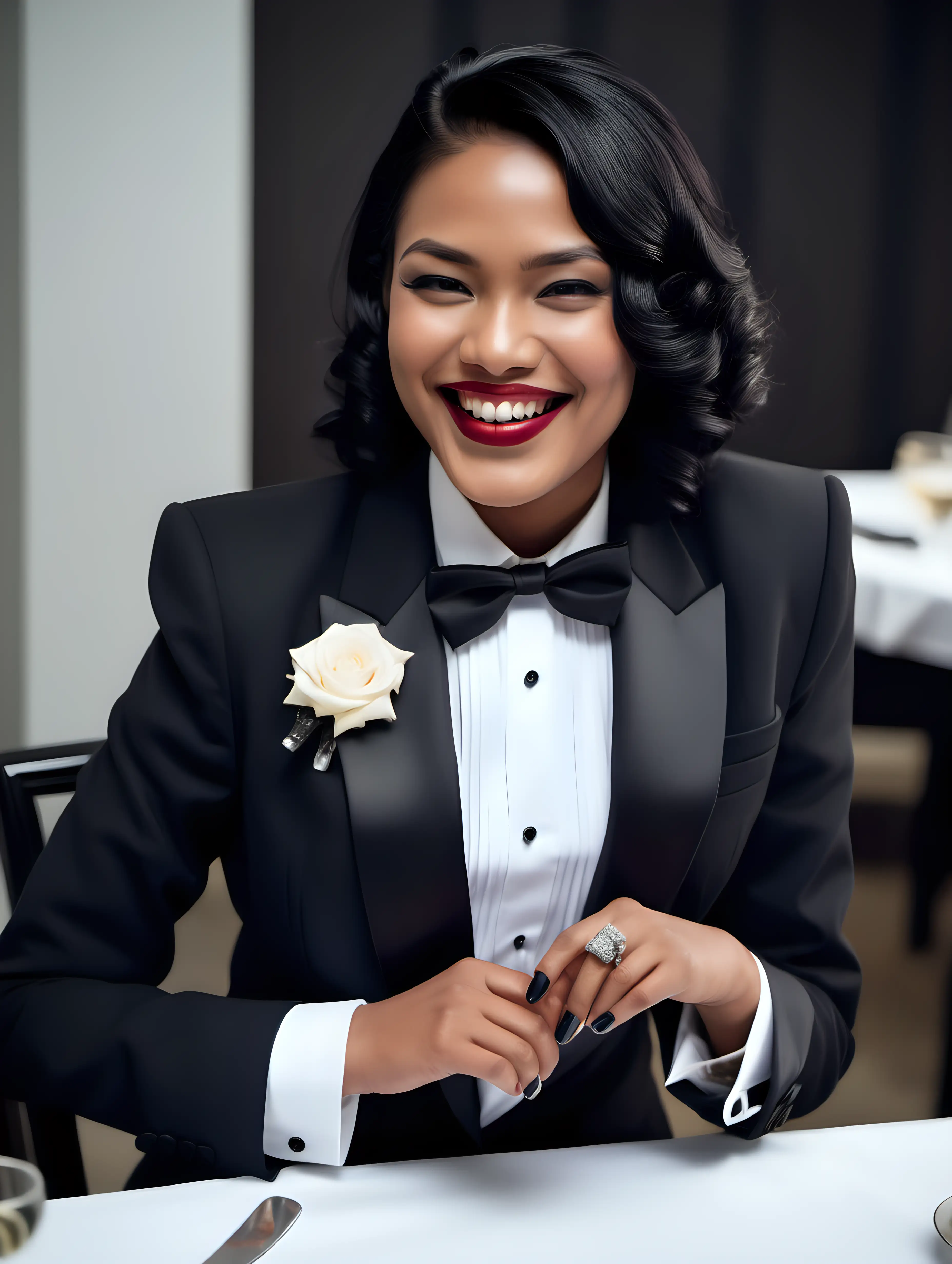 30 year old smiling and laughing dark skinned indonesian businesswoman with black shoulder length hair and lipstick wearing a tuxedo with a black bow tie and big black cufflinks and double french cuffs. Her jacket has a corsage. Her jacekt is open. She is sitting at a dinner table.