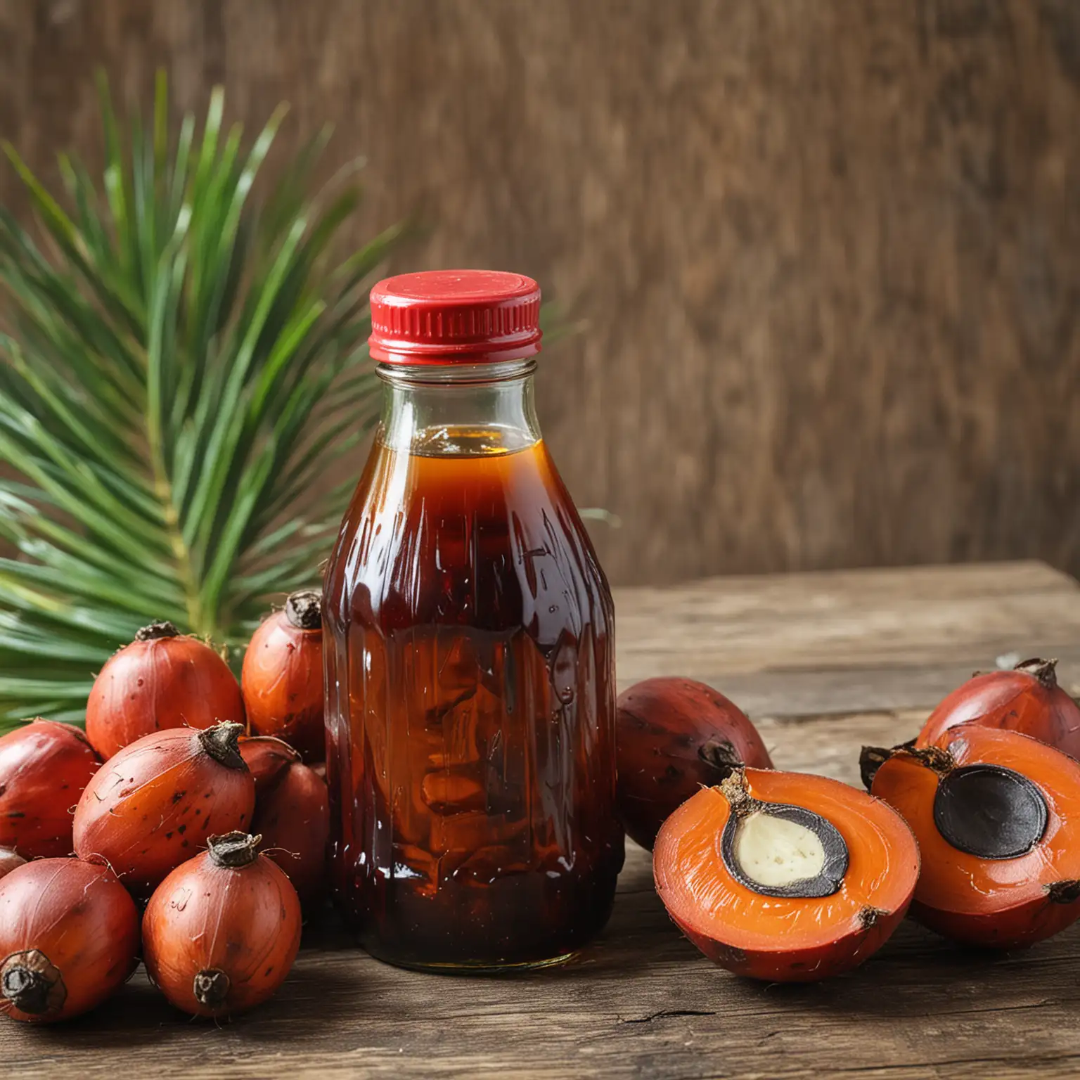Palm fruit cut in half with palm oil in a bottle in view on a table 