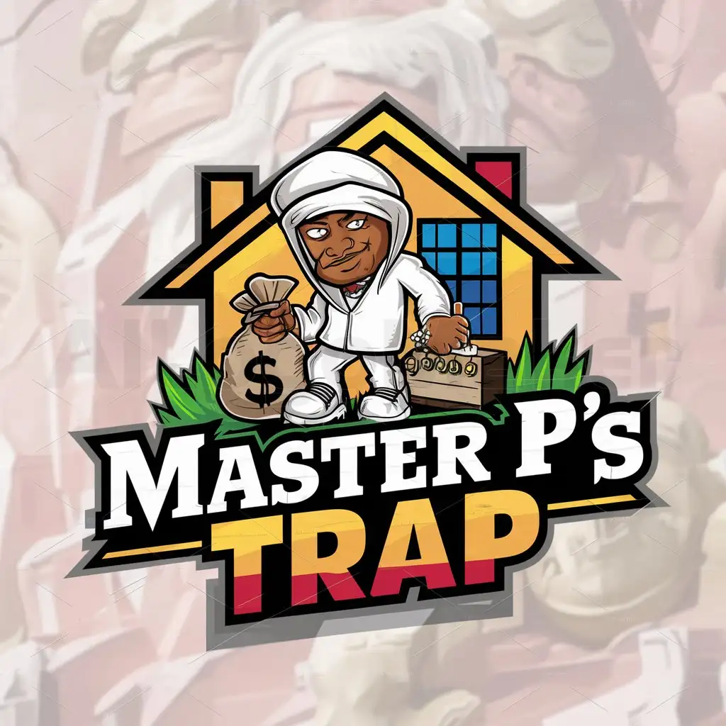 LOGO-Design-for-Master-Ps-Trap-Cartoon-Character-with-Money-and-Weed-in-Front-of-a-House