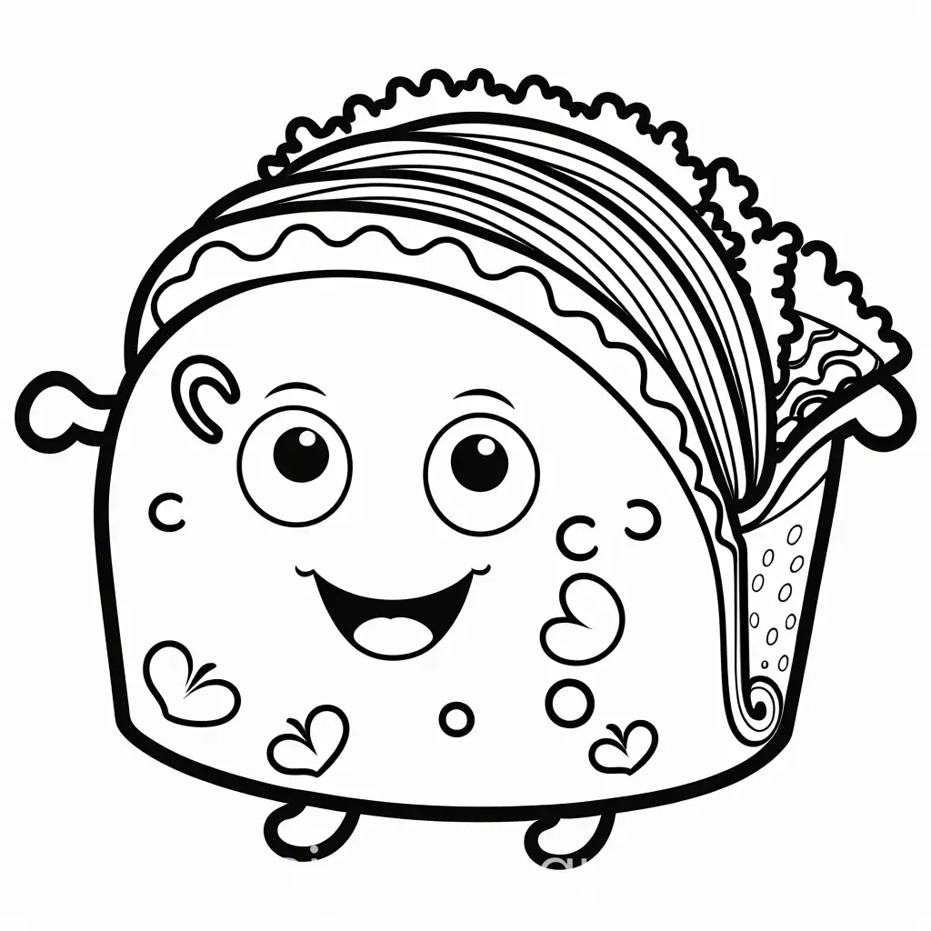Kawaii Taco**: A taco with a happy face, filled with lettuce, cheese, and meat. The taco should have big, round eyes and a slightly open mouth., Coloring Page, black and white, line art, white background, Simplicity, Ample White Space. The background of the coloring page is plain white to make it easy for young children to color within the lines. The outlines of all the subjects are easy to distinguish, making it simple for kids to color without too much difficulty