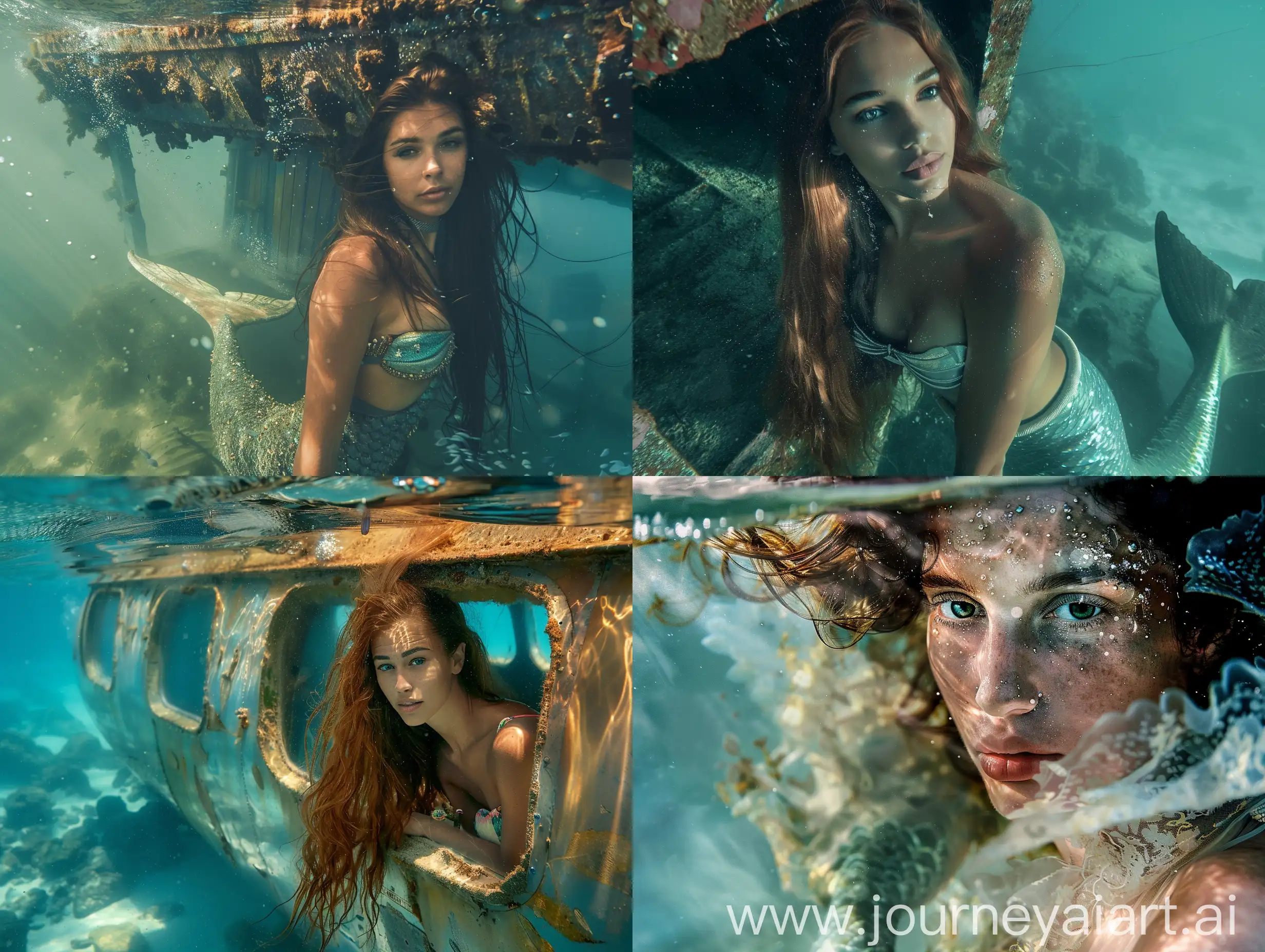 A beautiful mermaid is waiting for her prince in her underwater house near the coast of Barcelona, a prize-winning photo, but the prince doesn't want to go underwater, closeup, 