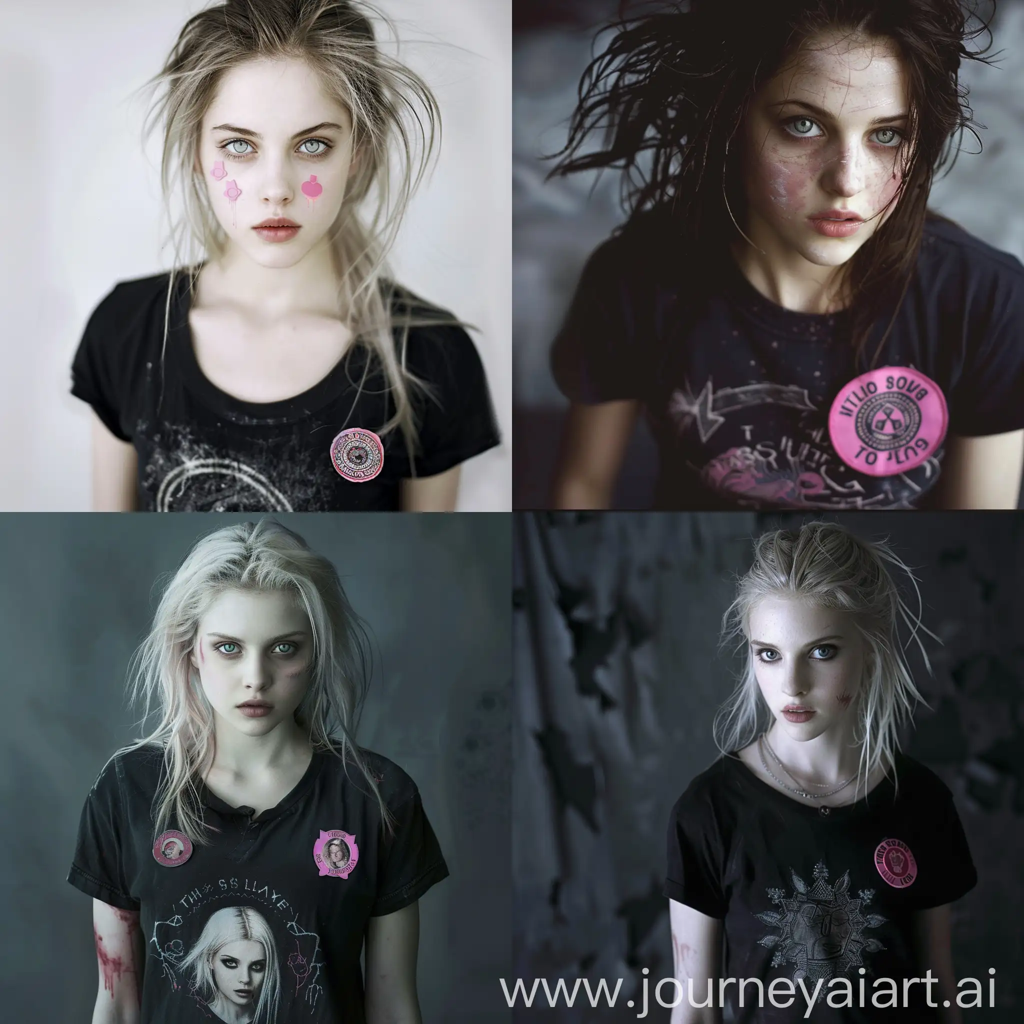  Bella swan From the twilight saga eclipse, emo style, pale skin on the face, pink badges on a black T-shirt