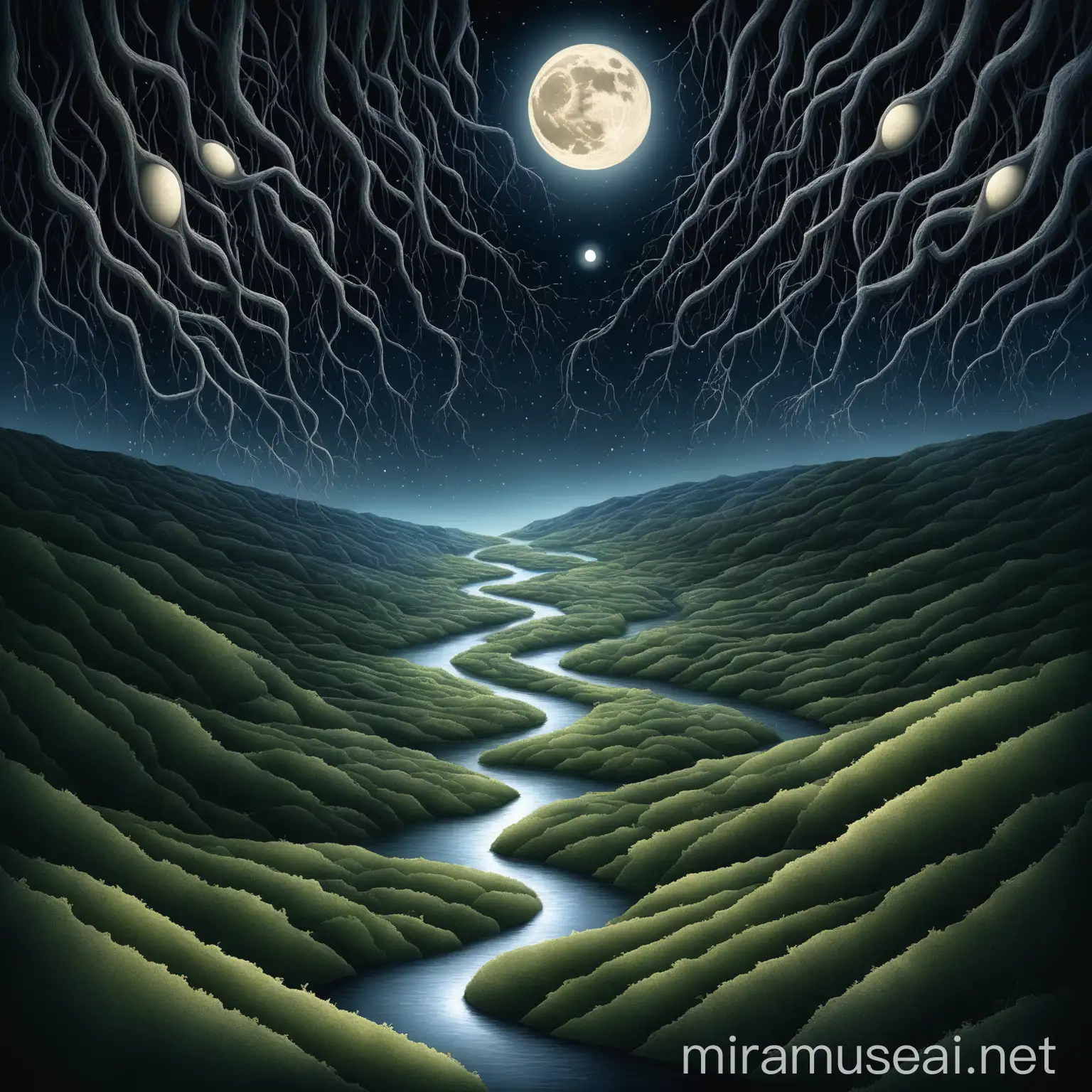 Imagine a serene night scene, where the moon hangs in the sky, its gentle light casting shadows over a landscape of rolling hills. In the foreground, the peripapillary atrophy stands tall, resembling the moon, its presence dominant yet ethereal. Amidst the hills, scattered clusters of ganglion cells shimmer like stars, their delicate beauty juxtaposed against the starkness of the atrophy. Meanwhile, a winding river of retinal nerve fiber defect meanders through the landscape, its path illuminated by the moonlight, symbolizing the journey of understanding through the intricacies of ocular health.