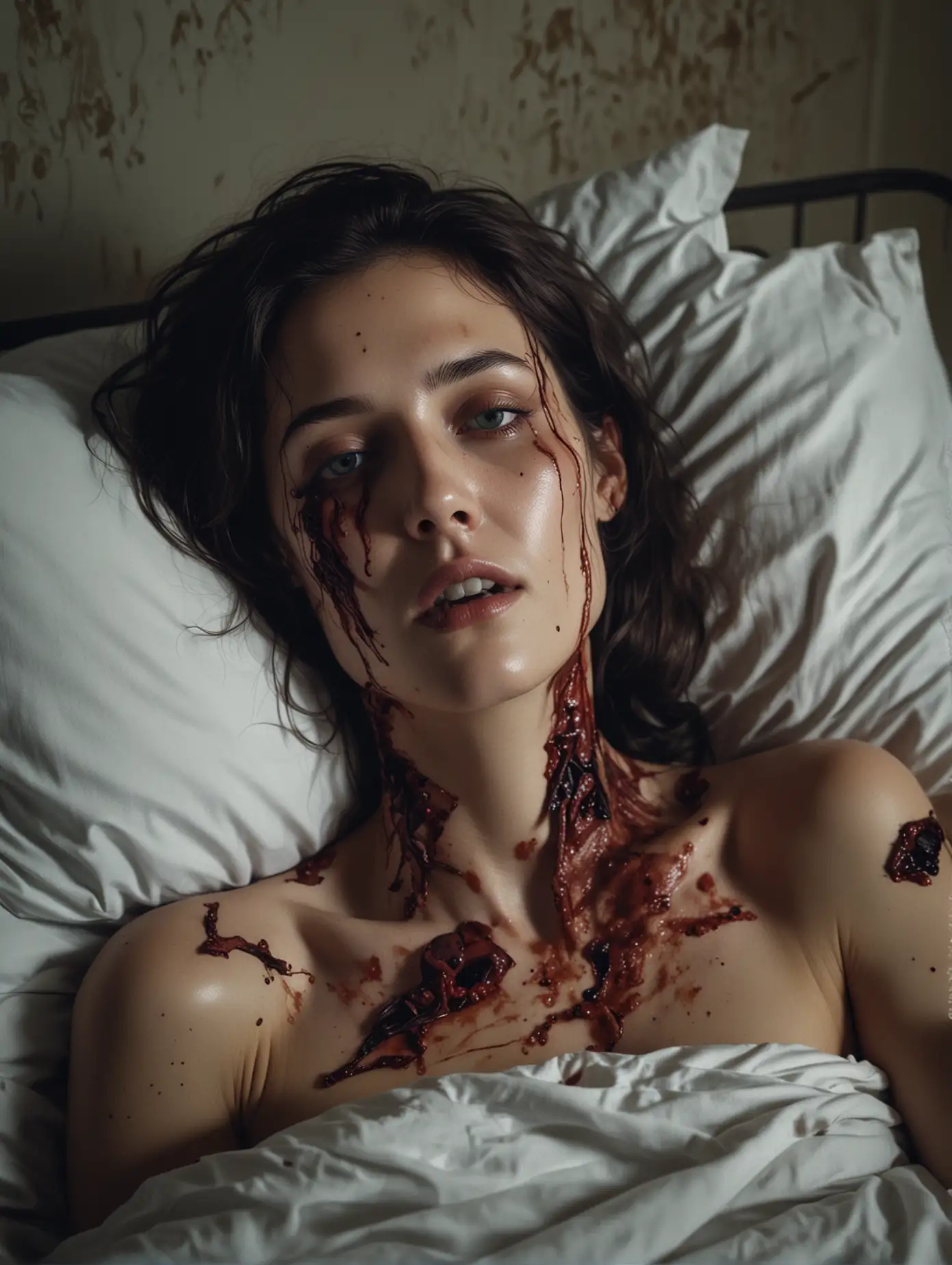 2024 indie horror movie poster, a beautiful woman laying in bed with a decomposing corpse, photorealistic, 32k UHD, masterpiece, award winning cinematography