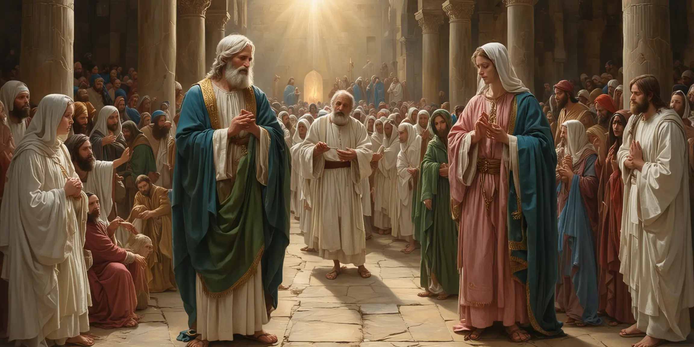 The painting depicts the Presentation of Jesus at the Temple, a significant event in the Christian faith. The scene is set within the temple, suggested by the arched stone doorway and the worn stone walls.

Central Figures:

Simeon: An elderly man with a long white beard, dressed in ornate and colourful Jewish priestly robes, a Jewish mitre on his head and sandals, holds a naked baby in his arms. His expression is one of awe and reverence, suggesting the fulfillment of his prophecy to see the Messiah before his death.

Mary: Dressed in a blue robe and a reddish-pink shawl and sandals, stands to the left of Simeon. Her hands are clasped, and her gaze is directed towards Jesus with a mix of love and apprehension.

Joseph: Standing behind Mary, Joseph is depicted as a young twenty-five year-old man with a beard, wearing a green robe and a brown cloak and sandals. He holds two turtledoves in a cage, the offering of the poor, symbolizing the family's humble status.

Anna the Prophetess: An elderly woman dressed in dark robes stands to the right of Simeon, her hands clasped in prayer. Her presence signifies the recognition of Jesus as the Messiah by devout individuals.
Additional Details:

The Temple Setting: The background features a group of men, possibly other priests or Levites, observing the event. The warm, earthy tones of the painting and the play of light and shadow create a sense of solemnity and reverence.
Symbolism: The white cloth with gold trim that Simeon holds Jesus in represents the baby's purity and divinity. The turtledoves held by Joseph symbolize sacrifice and purification.
Overall Impression:

The painting captures the emotional intensity and spiritual significance of the Presentation of Jesus at the Temple. The expressions of the figures, the symbolism, and the setting all contribute to a powerful depiction of this pivotal event in the life of Jesus.
