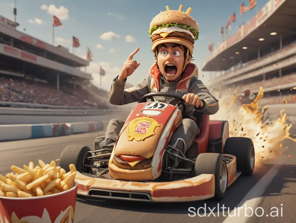 a race track, there is a kart on it and the driver wears a hamburger hat on his head, behind him there is an explosion of fries.
