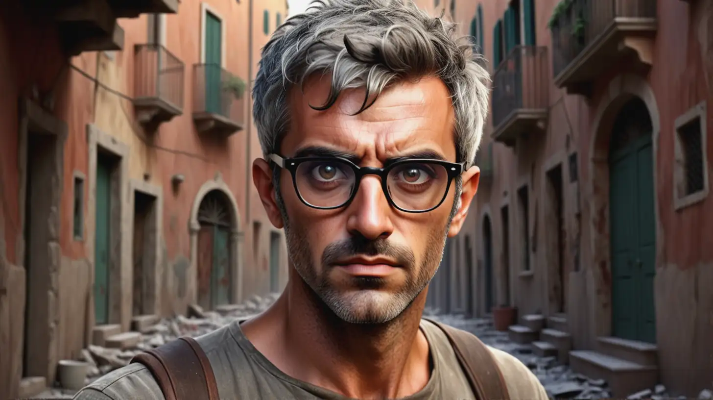 /imagine a Disney style character of a 
RUGGED HANDSOME ITALIAN MAN with VERY short SALT AND PEPPER hair, wearing glasses, big INTENSE eyes, looking at the camera in a portrait style photo, with a POST APOCALIPTIC SETTING  as background --ar 9:16