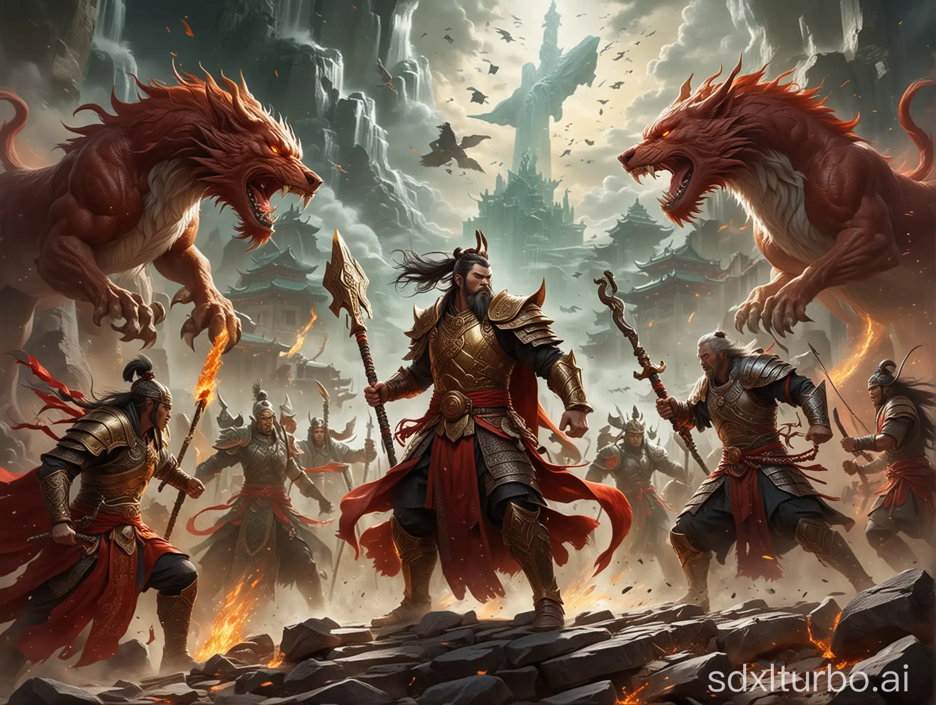 An epic battle art piece that blends Eastern and Norse mythology:
1. The background is a mysterious battlefield with the sky interwoven with the auspicious clouds of the Heavenly Court and the thunderous storms of Asgard.
2. The deities of the Chinese Heavenly Court, such as the Jade Emperor, Nezha, and the Thunder God, are dressed in luxurious battle robes of gold and red, wielding their iconic divine artifacts, such as the Jade Emperor's jade scepter, Nezha's fiery spear, and the Windfire Wheels.
3. The deities of Norse Asgard, such as Odin, Thor, and Loki, are clad in iron armor, holding legendary weapons like Thor's hammer Mjölnir.
4. The deities from both sides unleash powerful spells and divine artifact powers in an intense battle, including thunder and lightning, raging flames, ice storms, and chaotic energy.
5. At the center of the image is a duel between the two leaders, with the Jade Emperor's jade scepter clashing against Odin's spear Gungnir, surrounded by dazzling spell light and shockwaves.
6. The ground is inscribed with ancient runes on stone slabs, and mythical creatures such as the Qilin and the giant wolf Fenrir are watching the battle, adding a mythical color to the conflict.
7. The light and shadow effects should be dramatic, using strong contrast and dynamic blurring to highlight the urgency and fluidity of the action.
8. The overall style is realistic, with vivid colors and rich details to create a stunning visual experience.