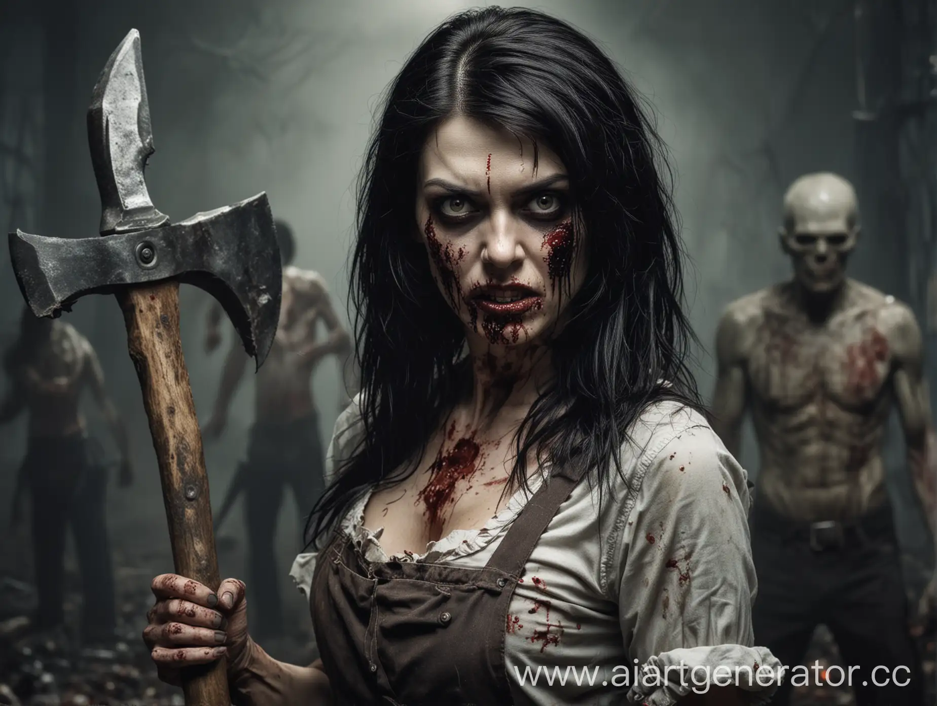 Fearless-Woman-with-Axe-Confronts-Zombie-in-the-Darkness