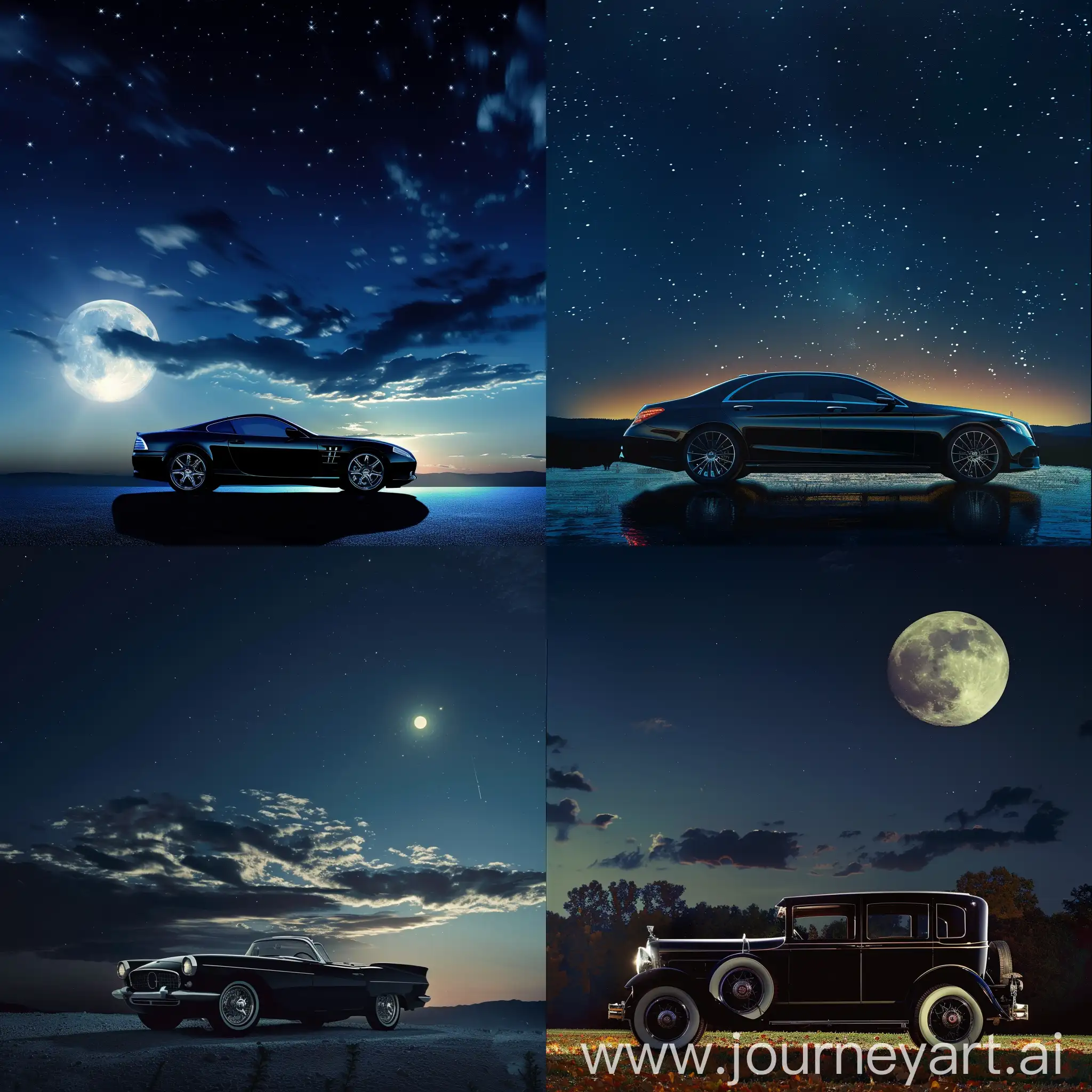 An elegant car stands against the background of the moonlit sky