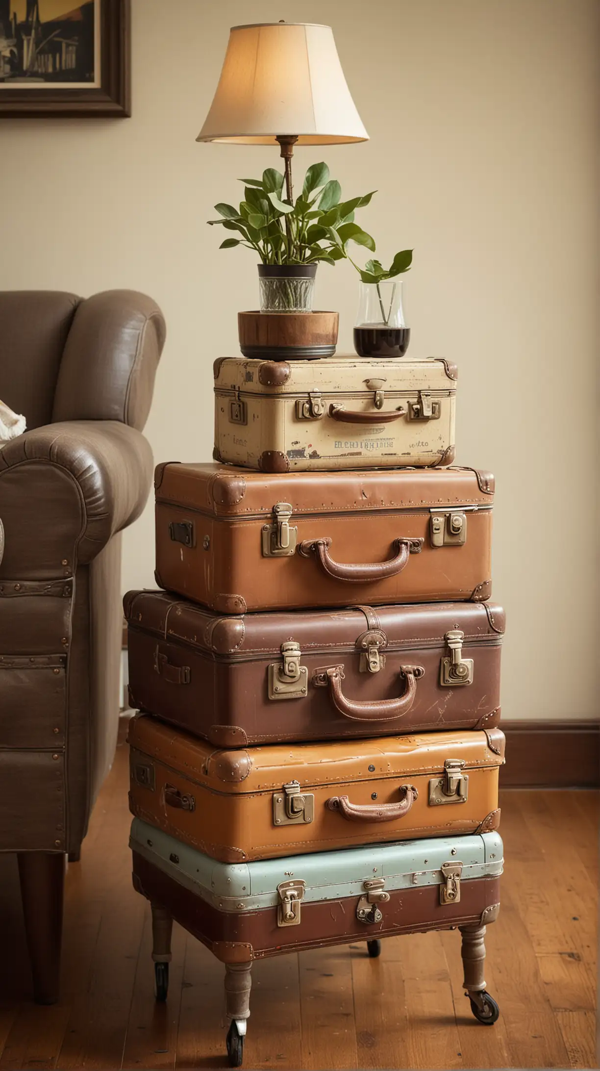 Innovative side table made from a stack of vintage suitcases, adding a functional and stylish element to a vintage living room setup.