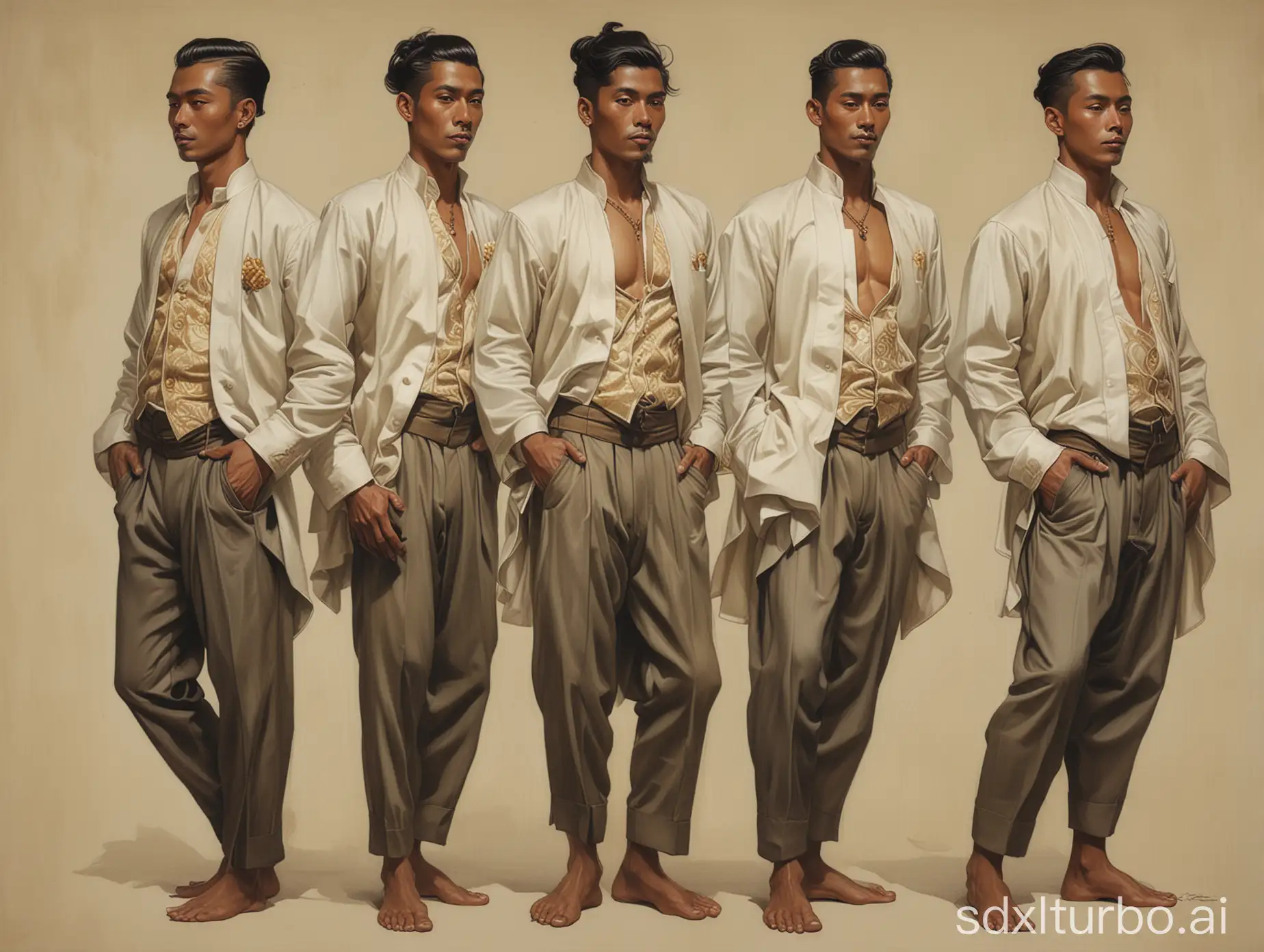 four Javanese men, tanned, in a sensual pose, shown in full body, in Leyendecker illustration style. Each of them has a different body type, facial structure, and hairstyle.