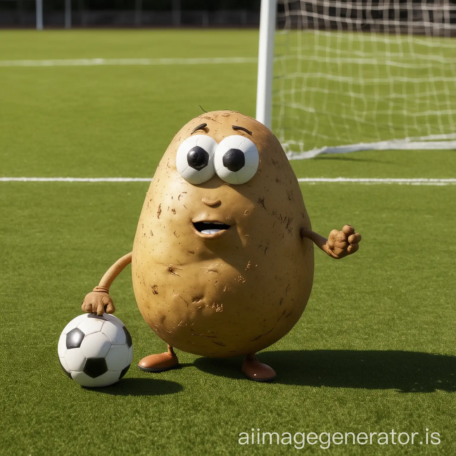 toby the potato scoring a goal on the soccer pitch