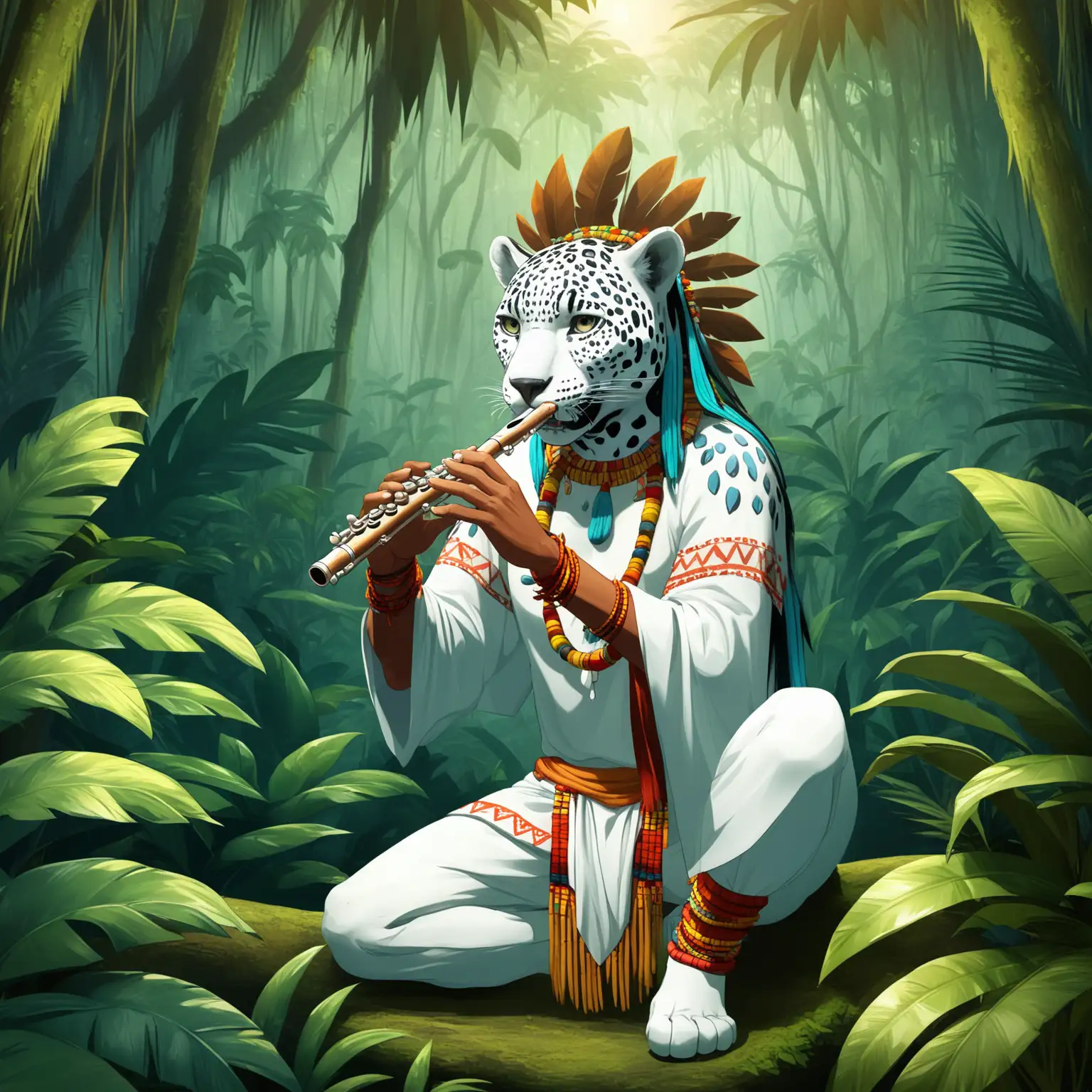 a jaguar shaman dressed in white plays flute in the jungle 