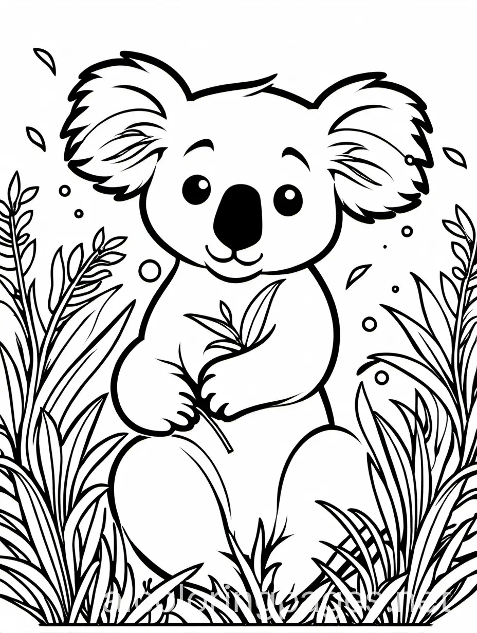 koala eating grass , coloring page , back and white , line art , white background , simplicity , ample white Space , backgound is plain, Coloring Page, black and white, line art, white background, Simplicity, Ample White Space. The background of the coloring page is plain white to make it easy for young children to color within the lines. The outlines of all the subjects are easy to distinguish, making it simple for kids to color without too much difficulty, Coloring Page, black and white, line art, white background, Simplicity, Ample White Space. The background of the coloring page is plain white to make it easy for young children to color within the lines. The outlines of all the subjects are easy to distinguish, making it simple for kids to color without too much difficulty