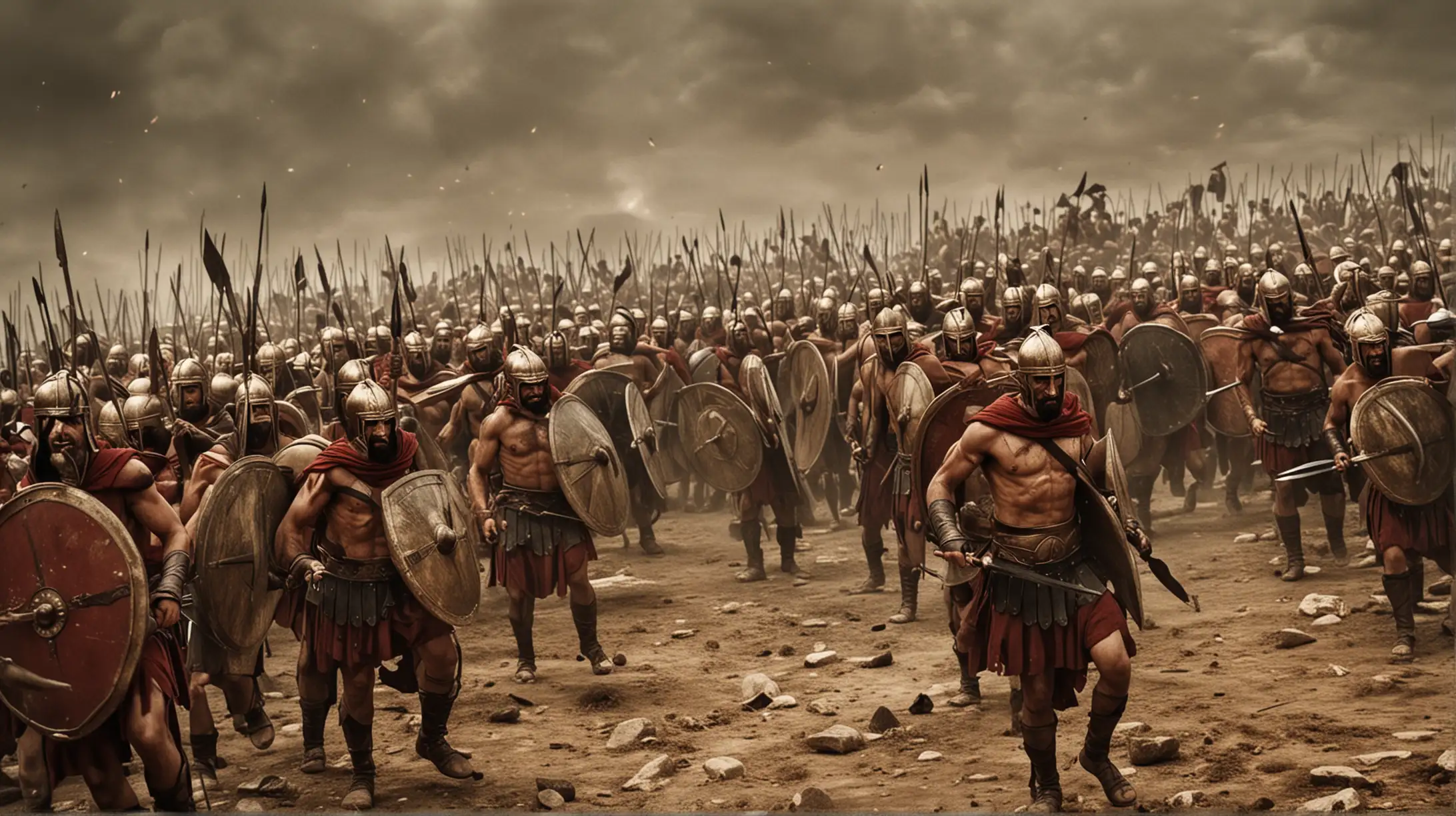 General Visualization Prompt: Generate an image that portrays the Spartan code of honor, depicting Leonidas and his warriors exemplifying the virtues of bravery, loyalty, and self-sacrifice. The scene should convey the unwavering commitment of the Spartans to their ideals and the enduring legacy of their courage.

Detailed Image Description: Create an illustration of Leonidas and his warriors engaged in a fierce battle against the Persians, their actions guided by the strict code of honor that defines Spartan society. Despite being outnumbered, the Spartans fight with unmatched ferocity and determination, their shields locked together in a formidable phalanx formation. The image captures the intensity and chaos of battle, with the warriors displaying remarkable skill and bravery as they confront the enemy. Through their actions, Leonidas and his men embody the timeless ideals of honor, duty, and sacrifice, inspiring viewers with their unwavering commitment to their principles.