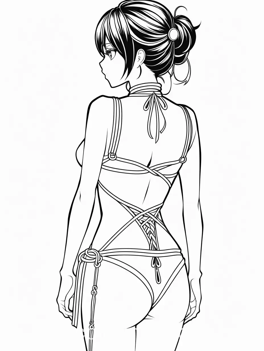 kinky bondage anime girl from behind, Coloring Page, black and white, line art, white background, Simplicity, Ample White Space. The background of the coloring page is plain white to make it easy for young children to color within the lines. The outlines of all the subjects are easy to distinguish, making it simple for kids to color without too much difficulty