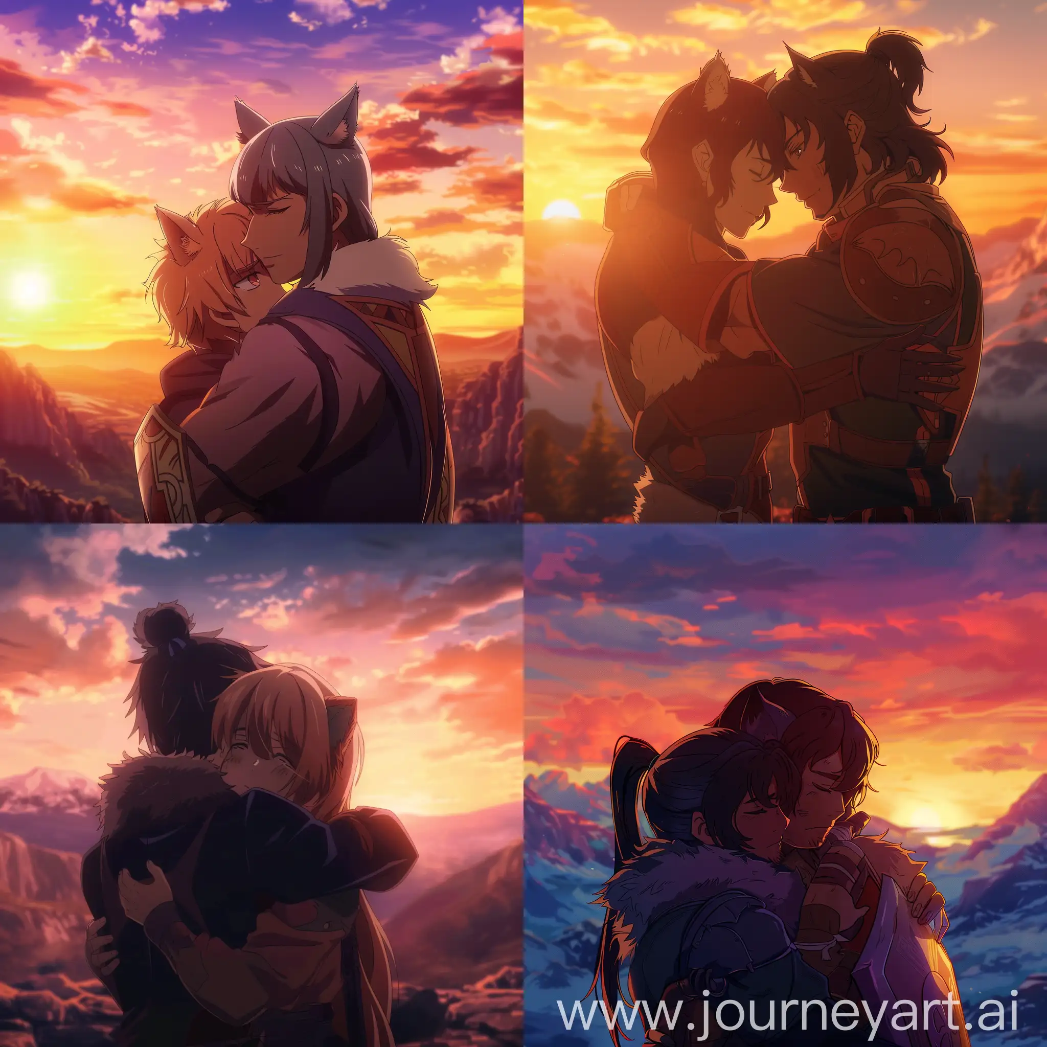 Anime-Hero-Shield-Character-Embraces-Companion-at-Sunset-Against-Mountain-Backdrop