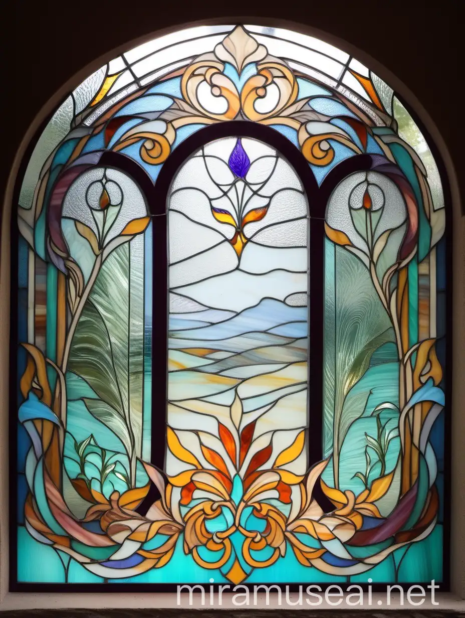 Декор на окне из витражного стекла тиффани в деревенской прованс доме в стиле абстракция из разноцветного стекла