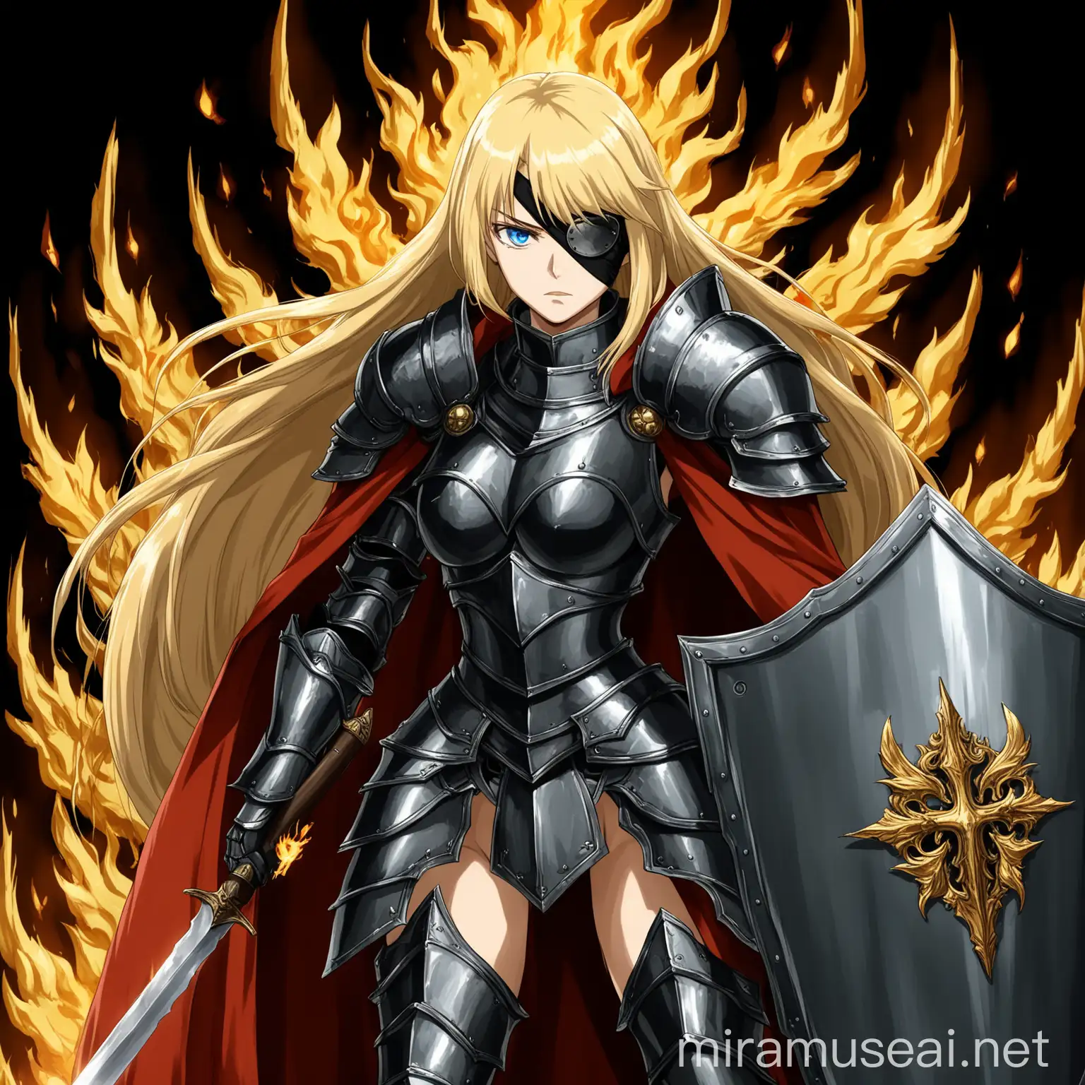 Blonde Woman Paladin in Dark Metal Armor with Rifle and Shield