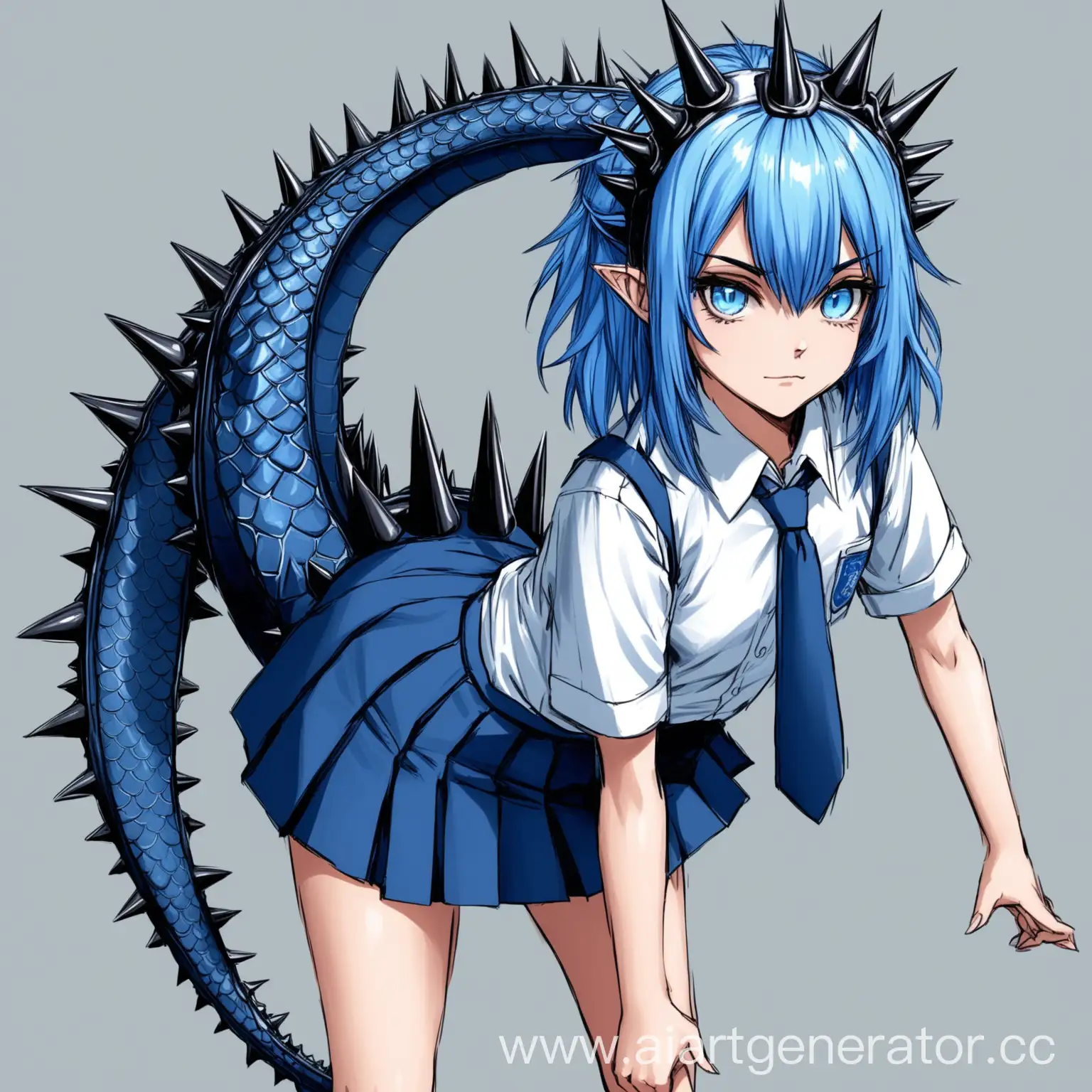 арт девочки с синими волосами синей юбкой школьная рубашки с галстуком ,с шипами в голове, и драконьим хвостом