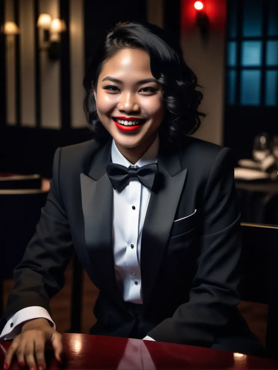 Smiling and laughing and voluptuous and youthful 30 year old dark skinned Thai woman with shoulder length black hair and bright red lipstick, wearing a tuxedo with a black bow tie and black cufflinks and black pants.  Her shirt has french cuffs.  Her jacket is open.  She is sitting at a table in a dark room.