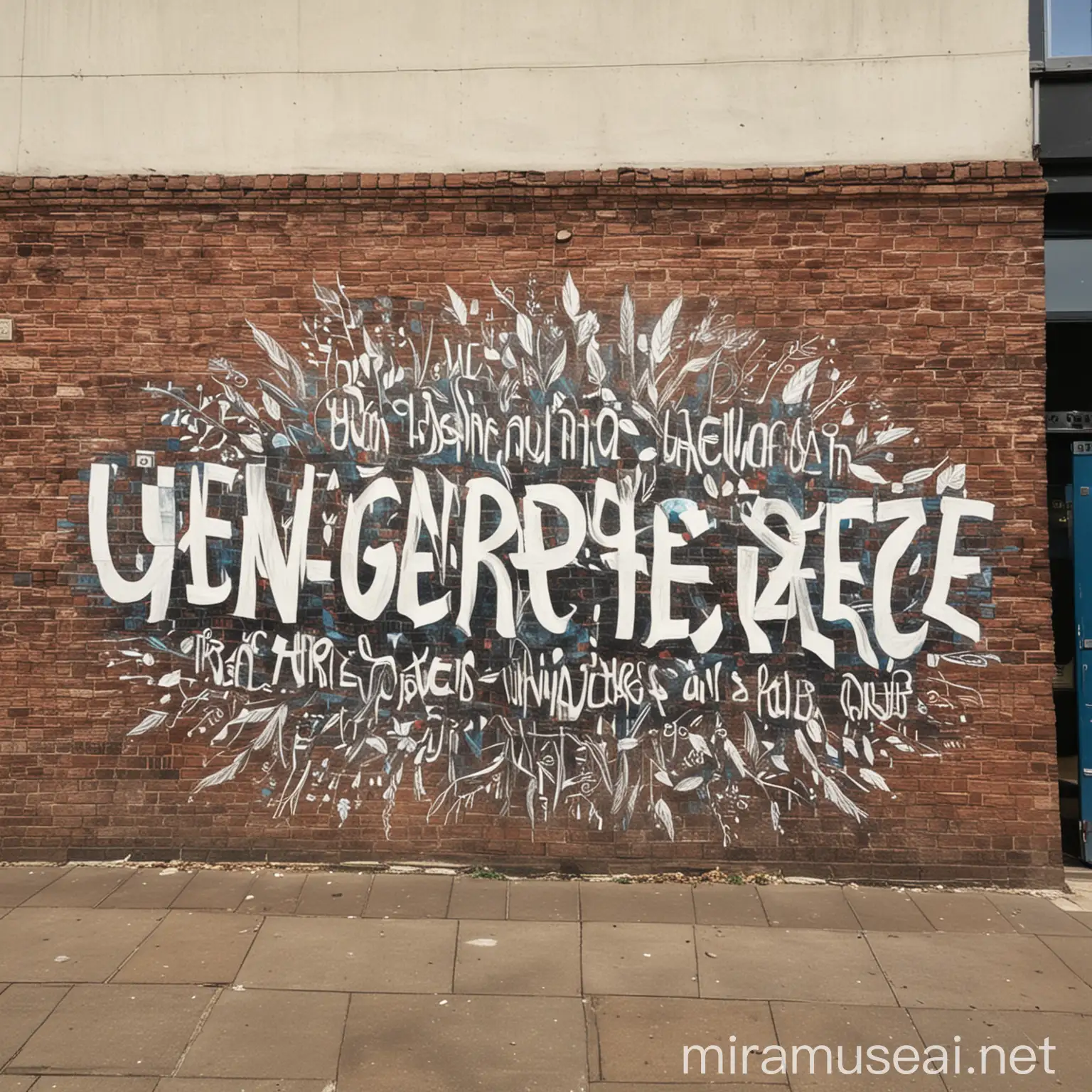 generate a mural in a university that has different peace phrases written by different people who approach to write them to promote peace in our university