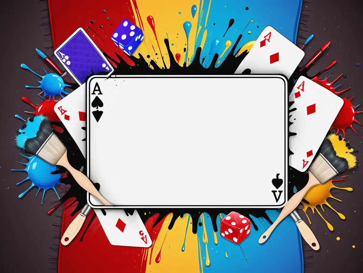 Playing card Blank banner with a border of dices,  paintbrushes and colors splash