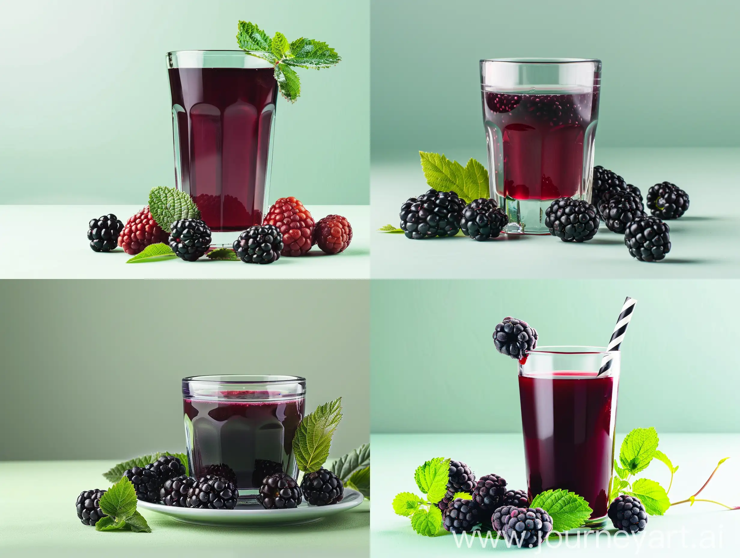 Real photo of blackberry with glass of blackberry juice on light green background