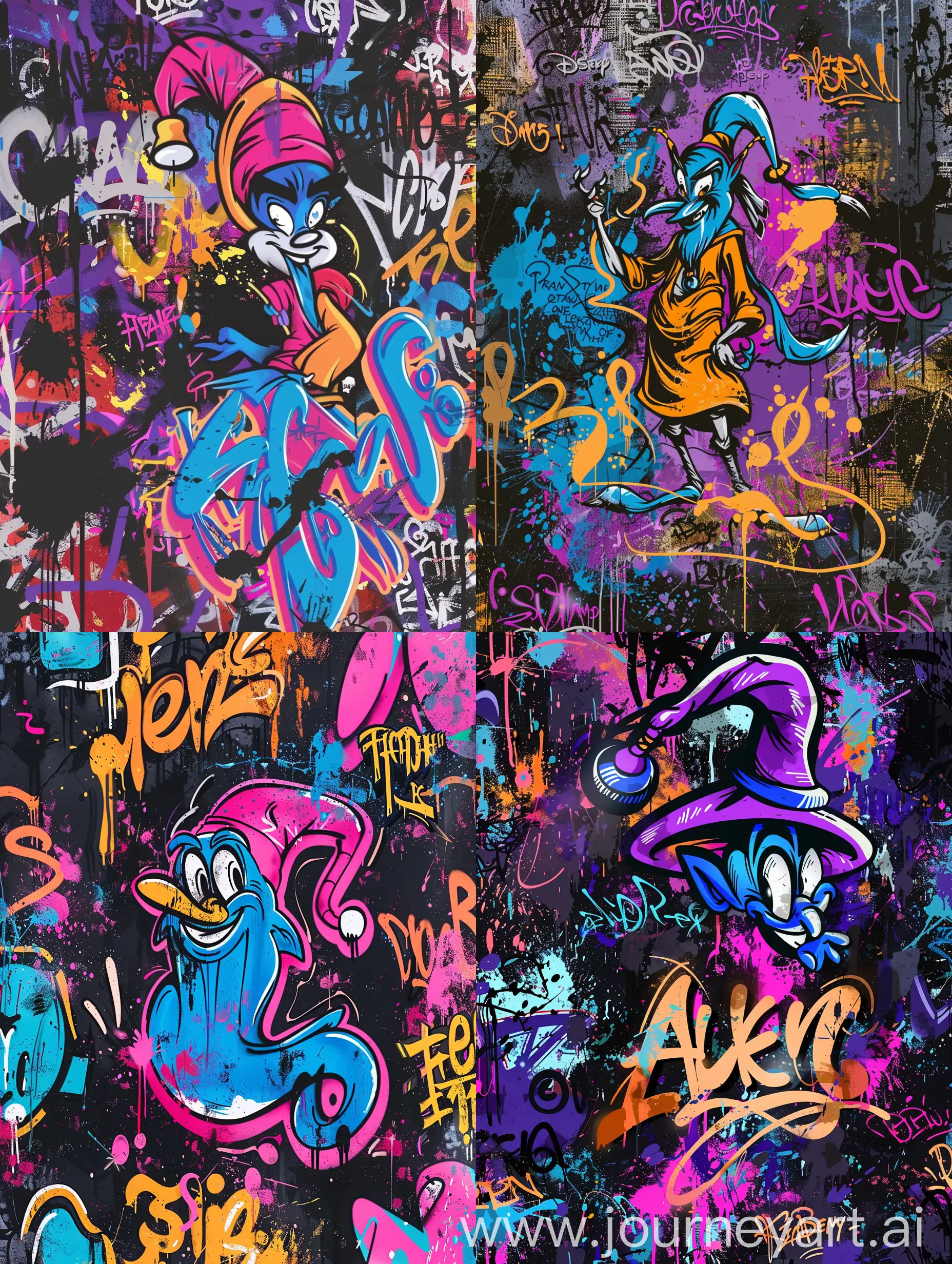 flat illustration graffiti on cava:2, fantasy illustration of the the genie from aladdin by disney, detailed, tag, background full of dark paint splash and graffiti text, random sized graffiti text all over typography:2, urban, canva texture, text 