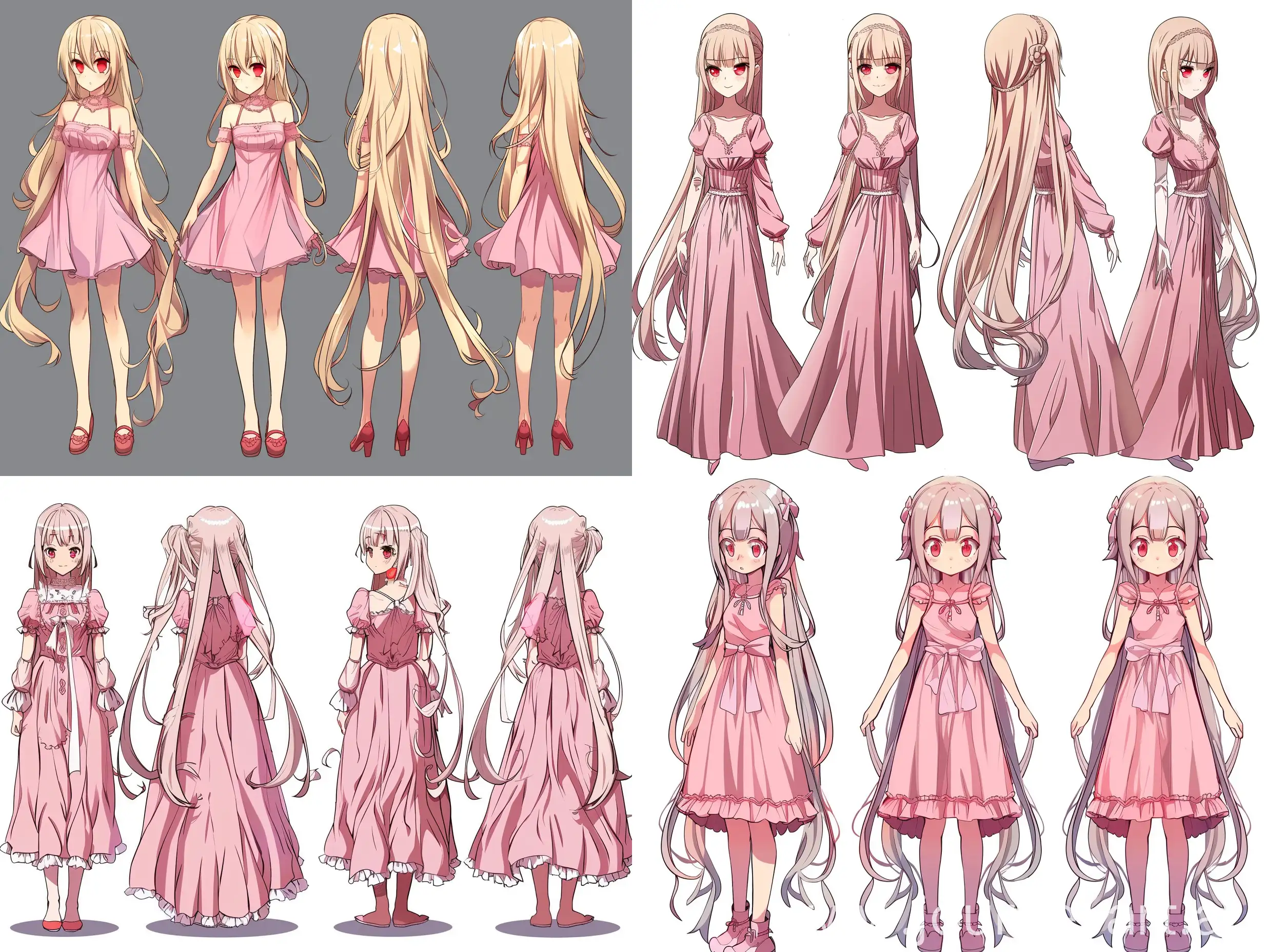 character design from different angles, Hazbin Hotel character style, pink dress, long hair, red eyes