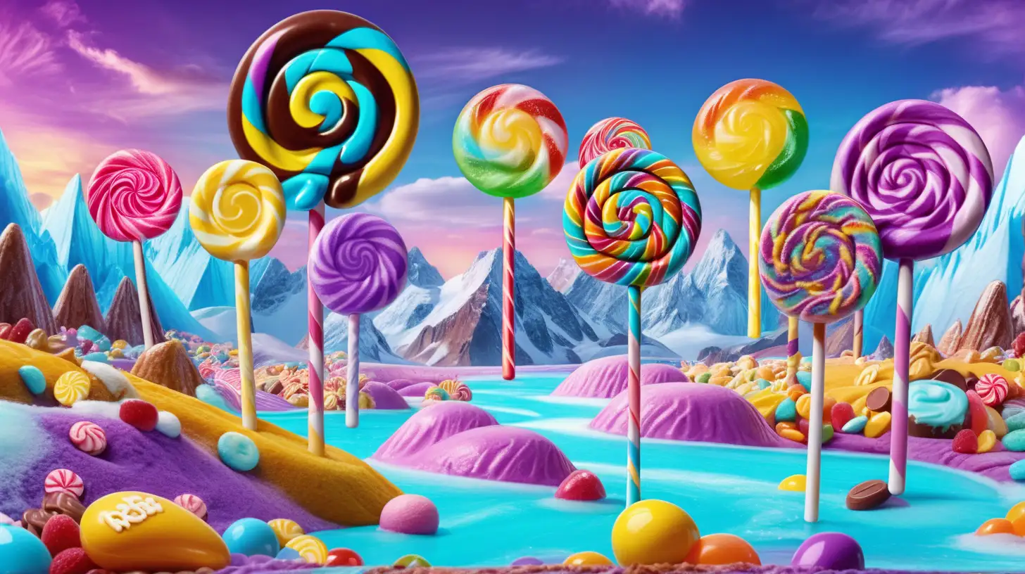 Whimsical candy world. Giant lollipops by a magical bright-turquoise-chocolate river surrounded by candy and haribo gumis. Jelly beans, gum drops, chocolate candy  in the middle of ice cream-mountains and cake. Purple. Blue. 8K. bright-yellow, and purple sky with a candy clouds. rainbows.
